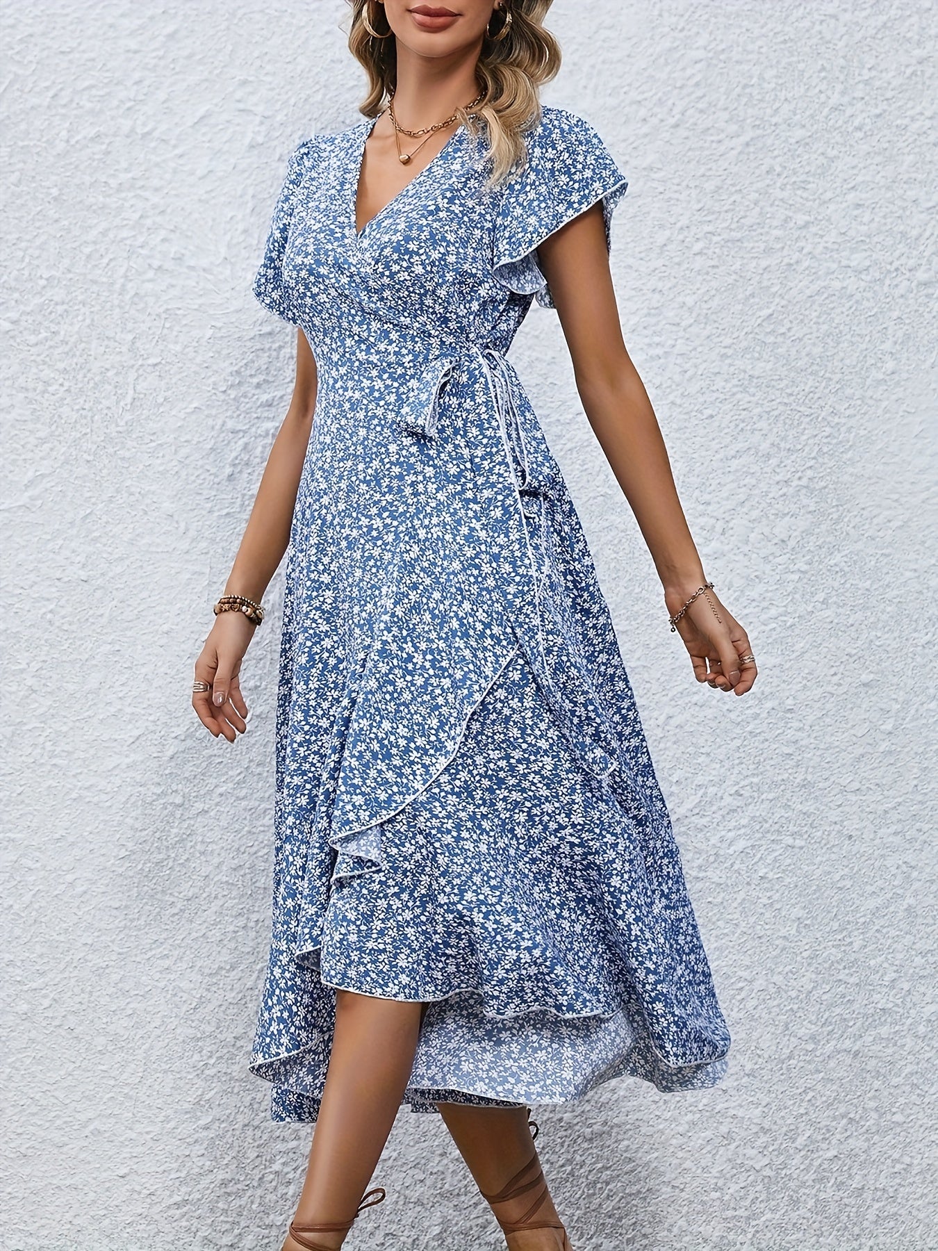 Women's Floral Print Surplice Dress with Flutter Sleeves and Ruffle Hem