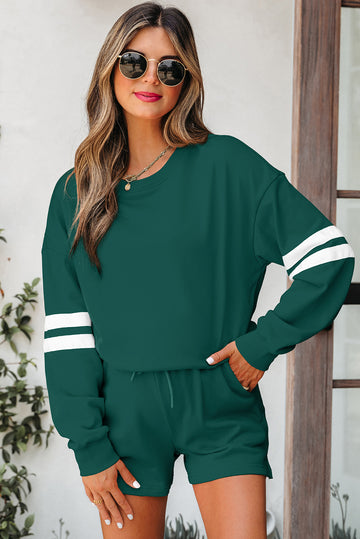 Evergreen Varsity Striped Sleeve Drop Shoulder Sweatshirt and Short Set