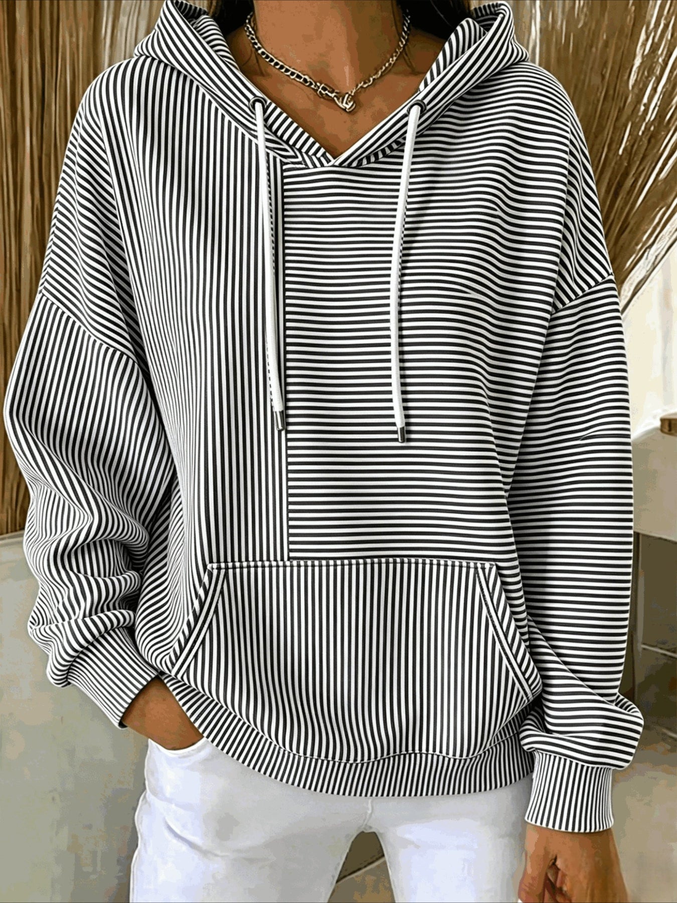 Stripe Printing Long Sleeve Pullover Hoodie Sweatshirt