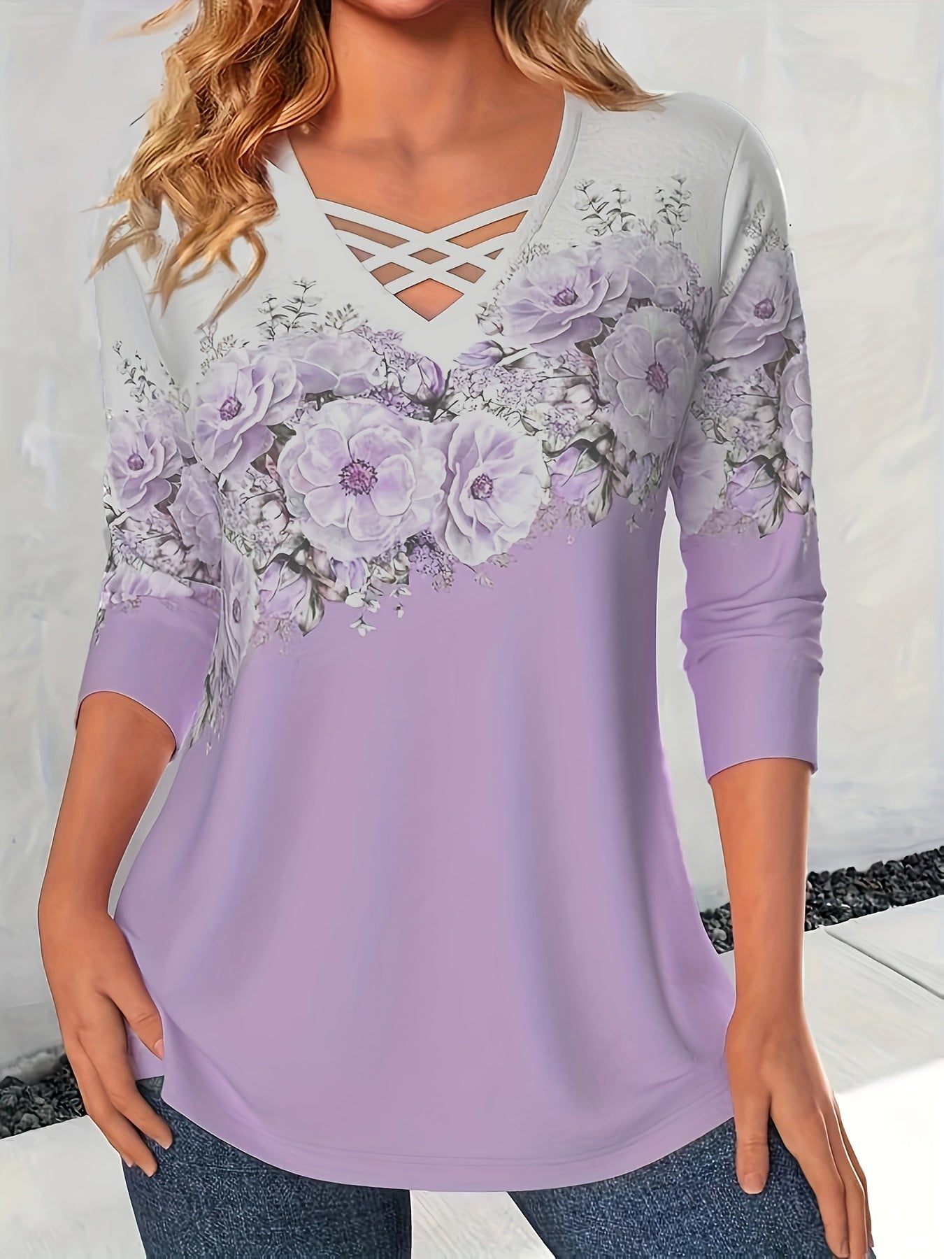 Floral Print Cross Front V Neck T-Shirt, Casual Long Sleeve Top