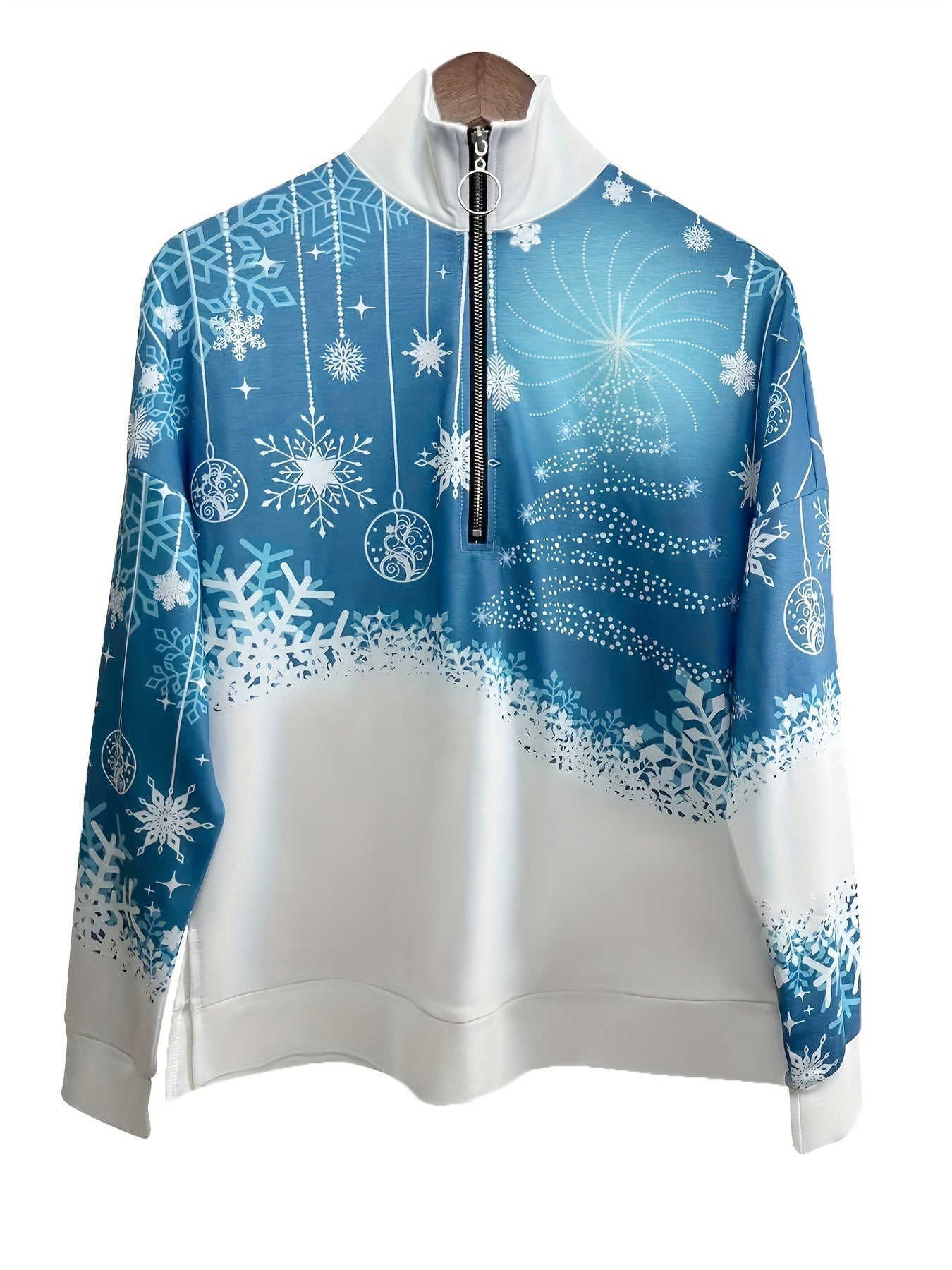 Christmas Print Zip Stand Collar Sweatshirt, Casual Long Sleeve Loose Sweatshirt