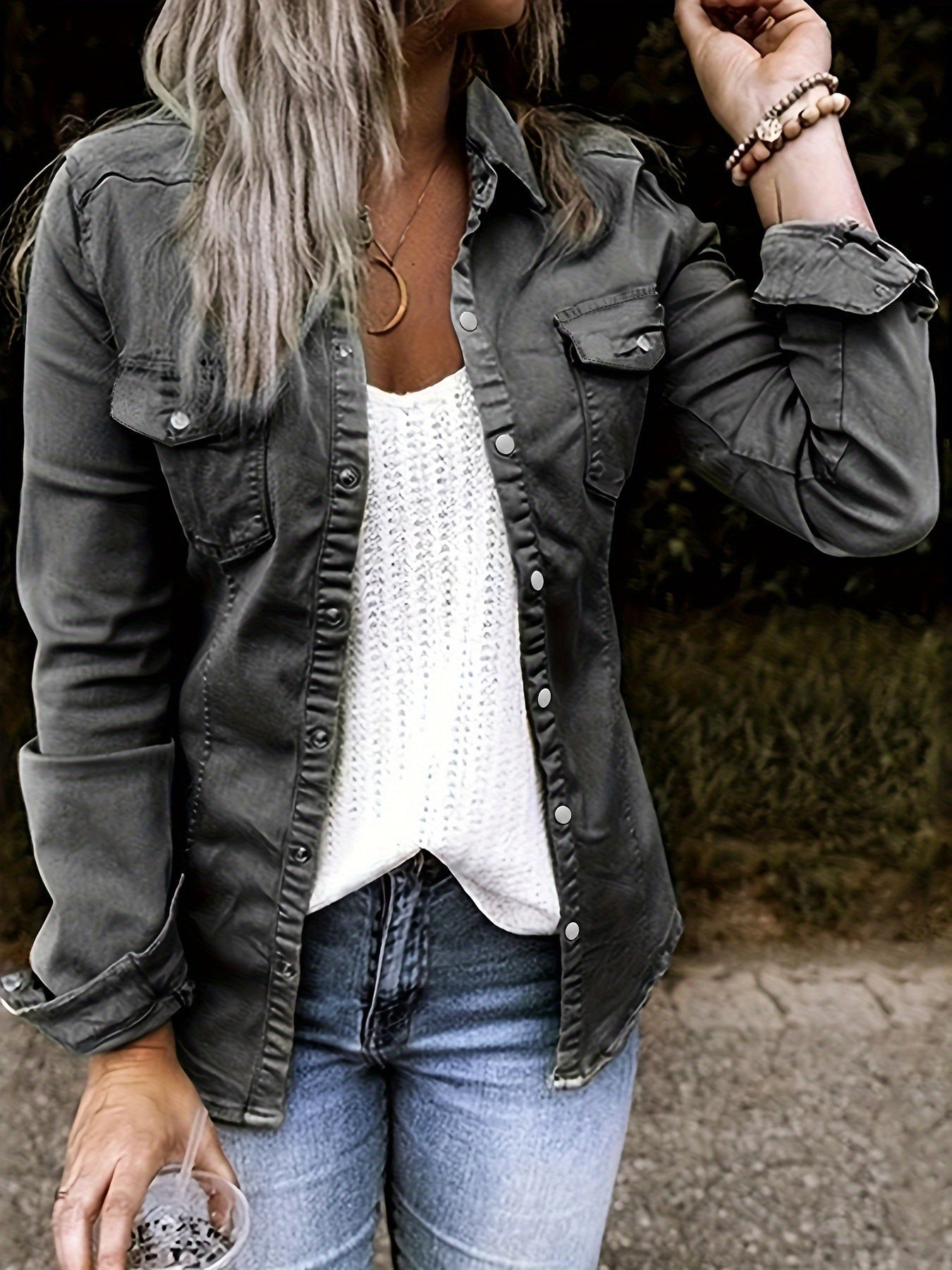 Stylish Denim Safari Top, Button Up Ruched Trim Long Sleeve Collared Shirt, Casual Light Jacket Tops