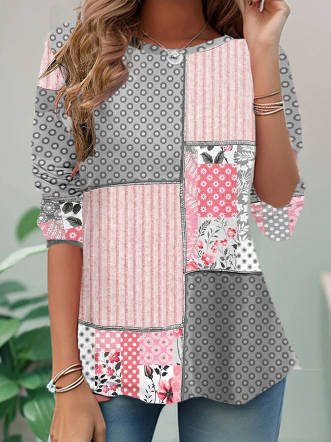 Elegant Color Block Print Crew Neck Long Sleeve T-Shirt
