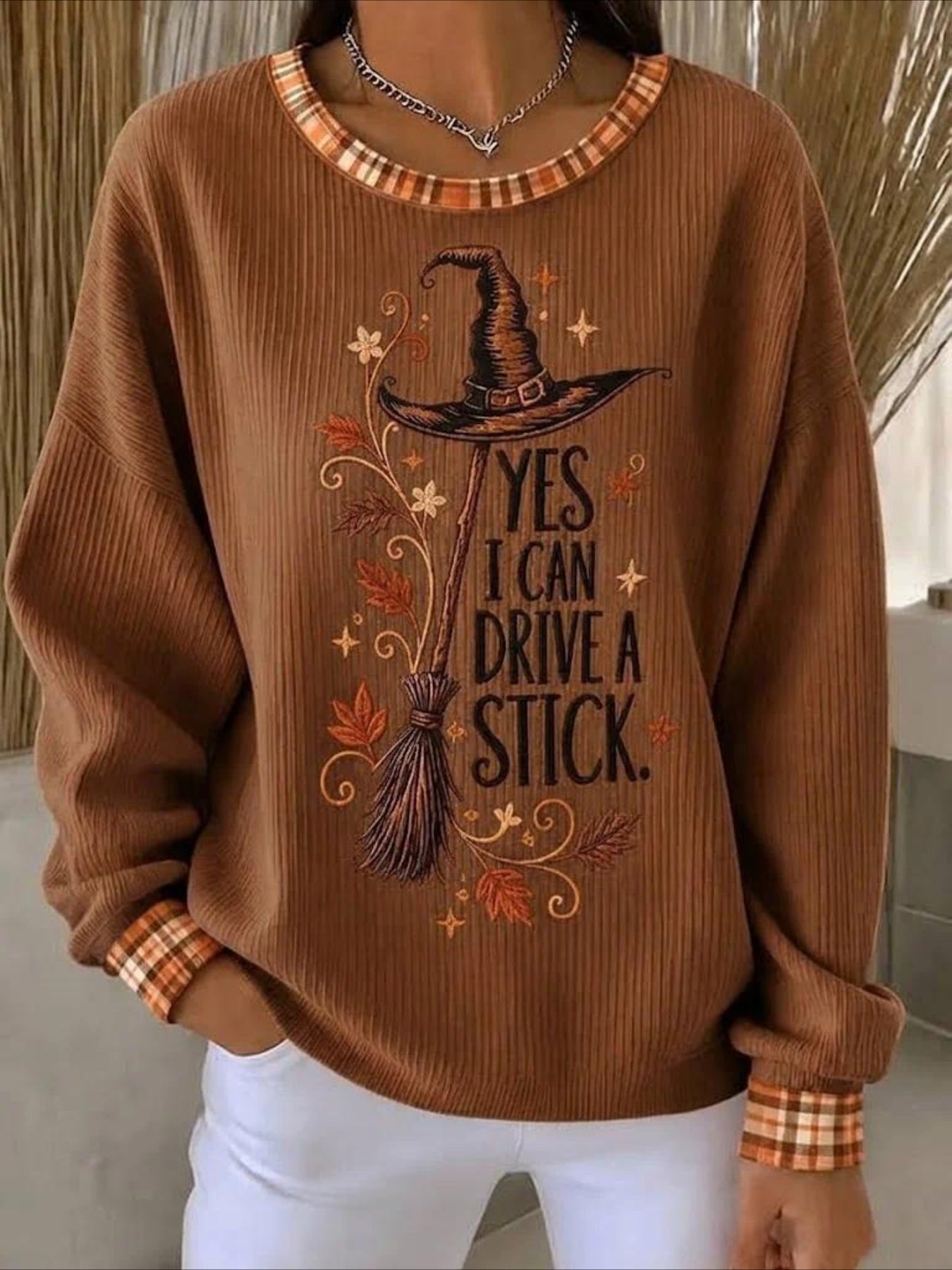 YES I CAN DRIVE A STICK. Halloween Printed Crew Neck Floral Long Sleeve Sweater Hoodie