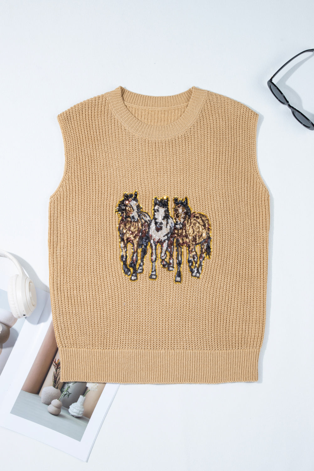 Parchment Sequin Horse Graphic Lightweight Knitted Sweater Vest