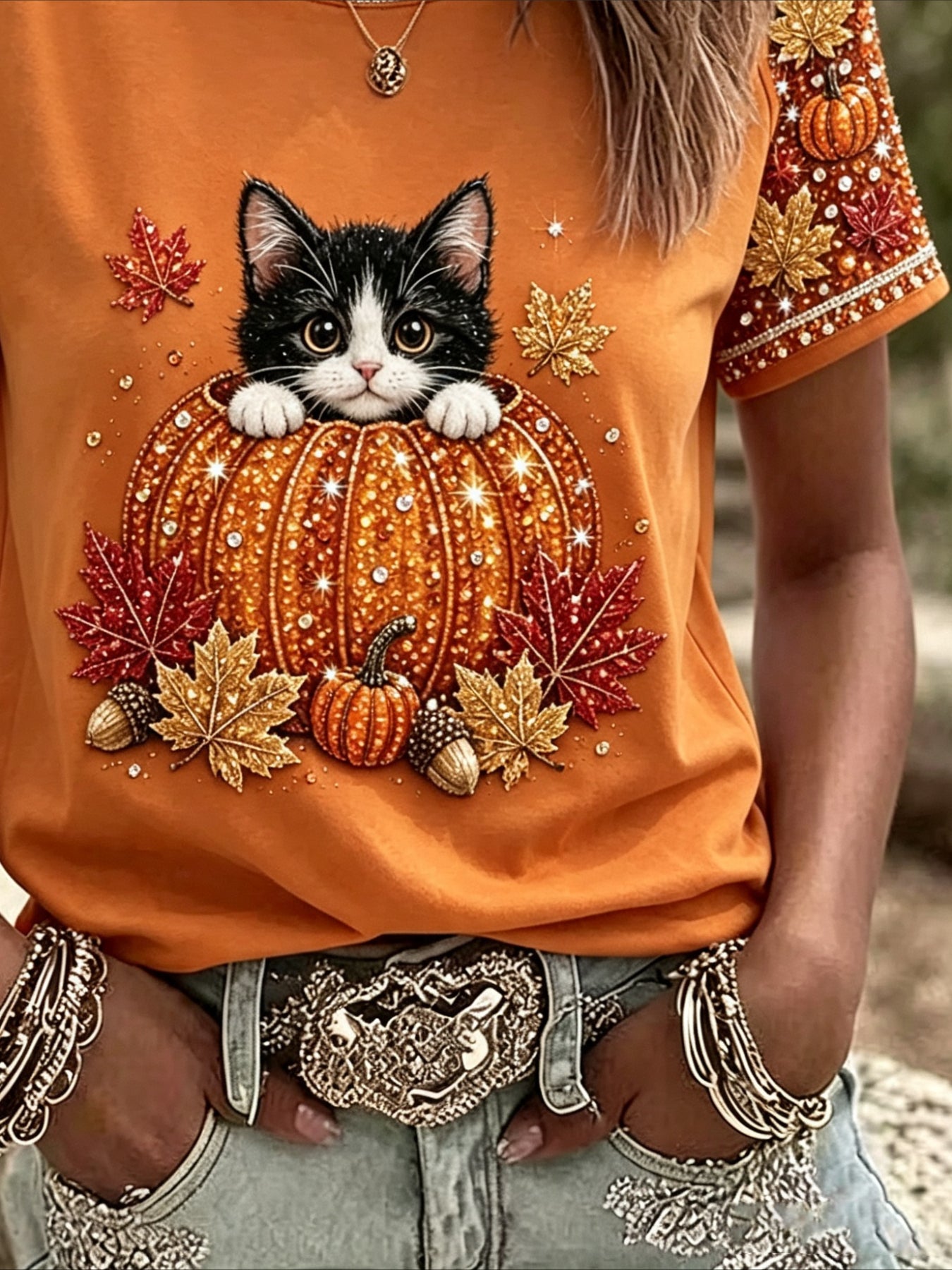 100% Cotton Casual Orange Maple Leaf Printing Crew Neck Short Sleeve T-shirt