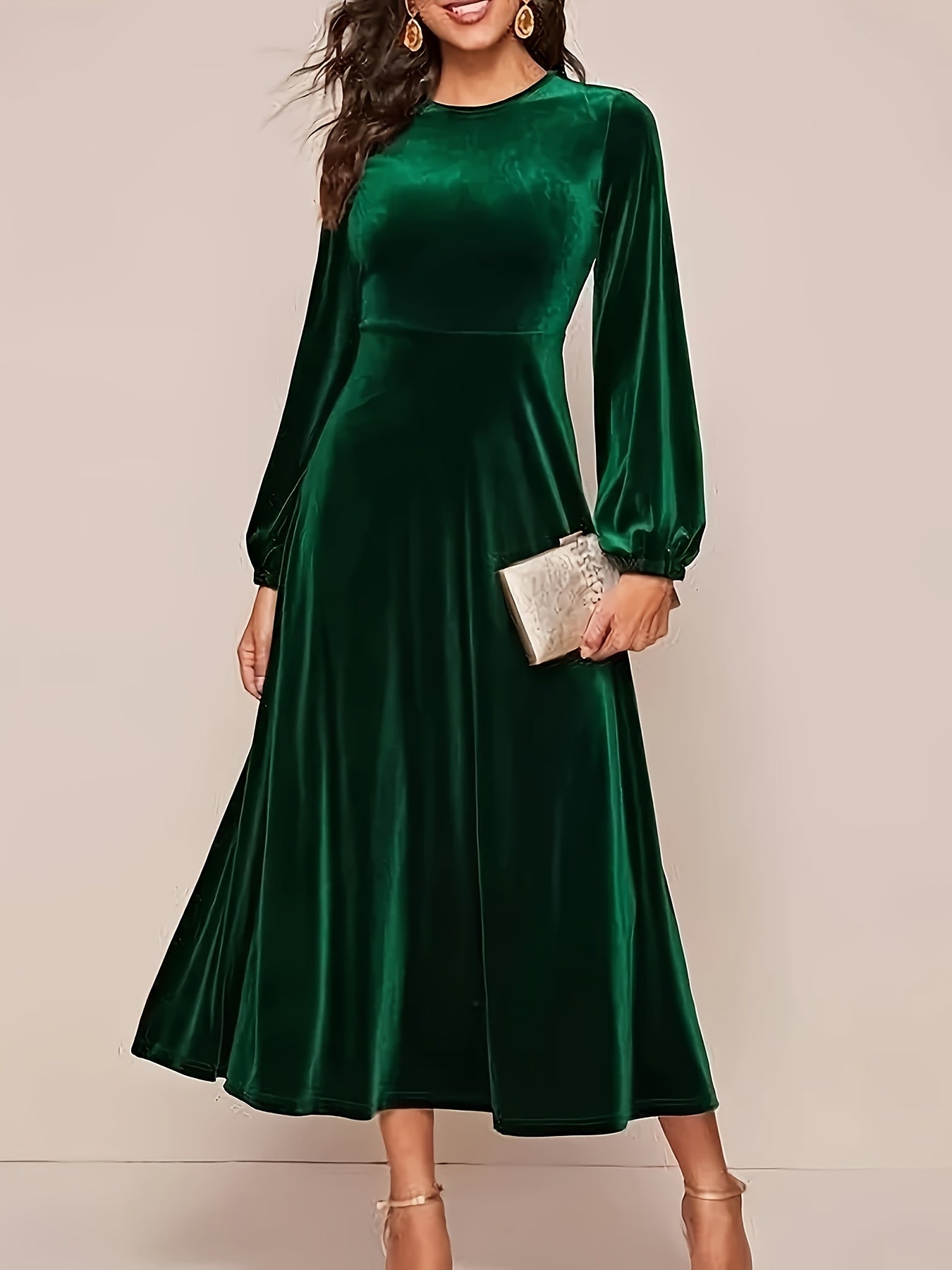 Women'S Velvet Maxi Dress, Autumn New Arrival, A-Line Bell Sleeve, Round Neck