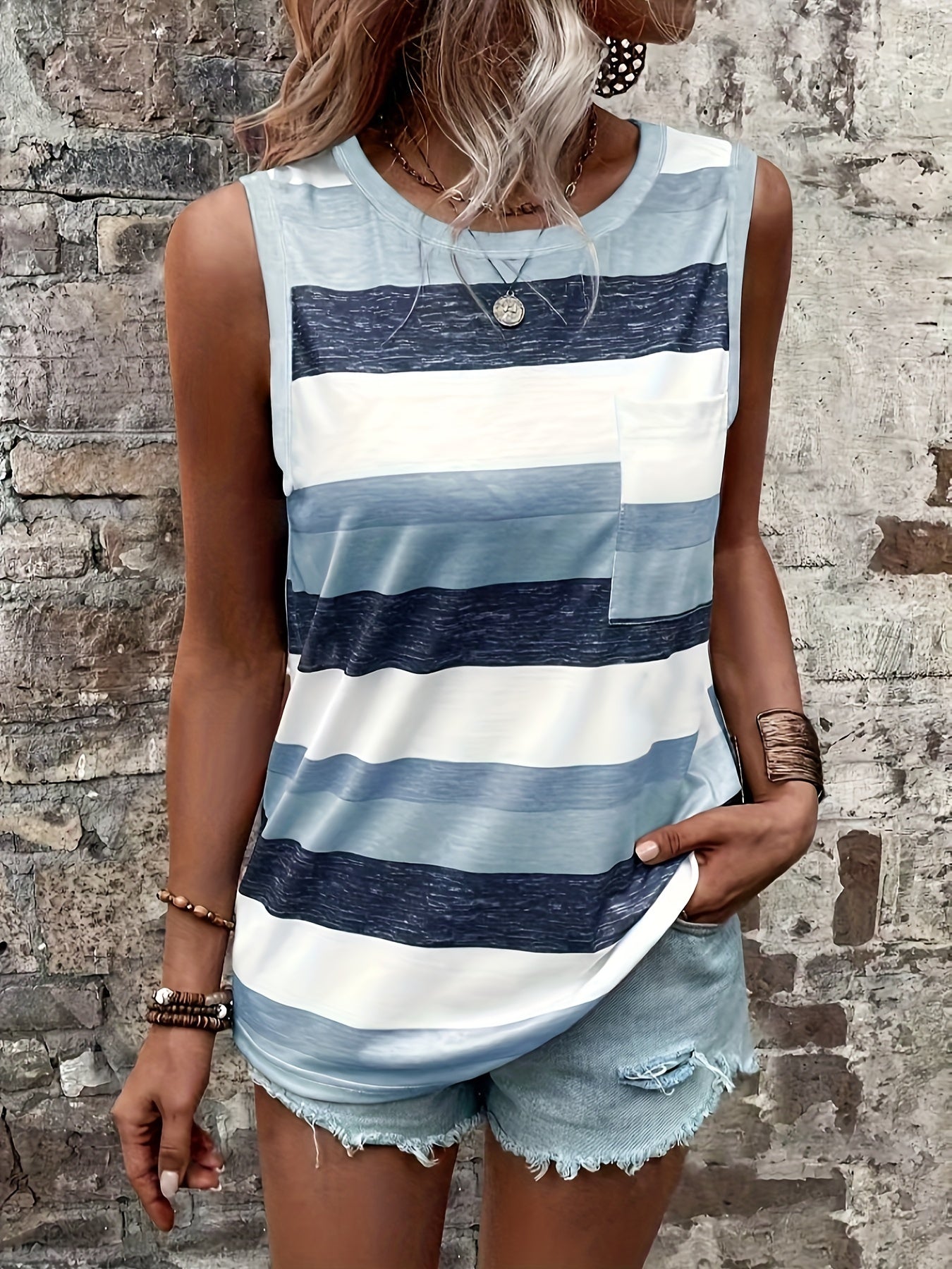 Striped Print Crew Neck Tank Top, Casual Sleeveless Patched Pocket Tank Top