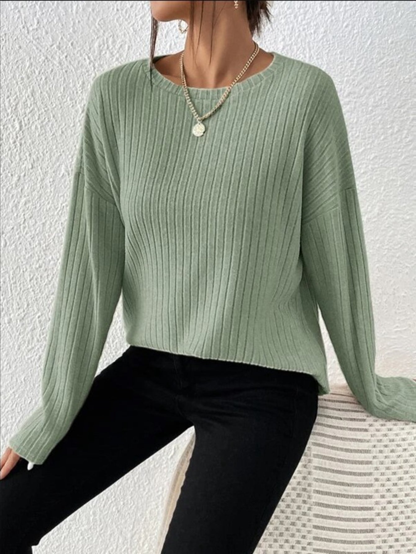 Ribbed Crew Neck T-Shirt, Casual Long Sleeve Top