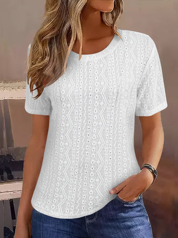 Solid Color Short Sleeve Hollow Out Round Neck T-Shirt