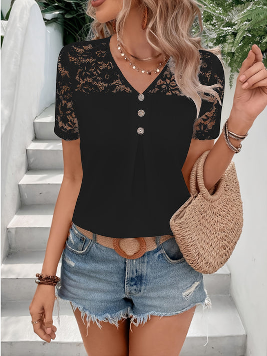 Contrast Lace V Neck T-shirt, Casual Short Sleeve Top