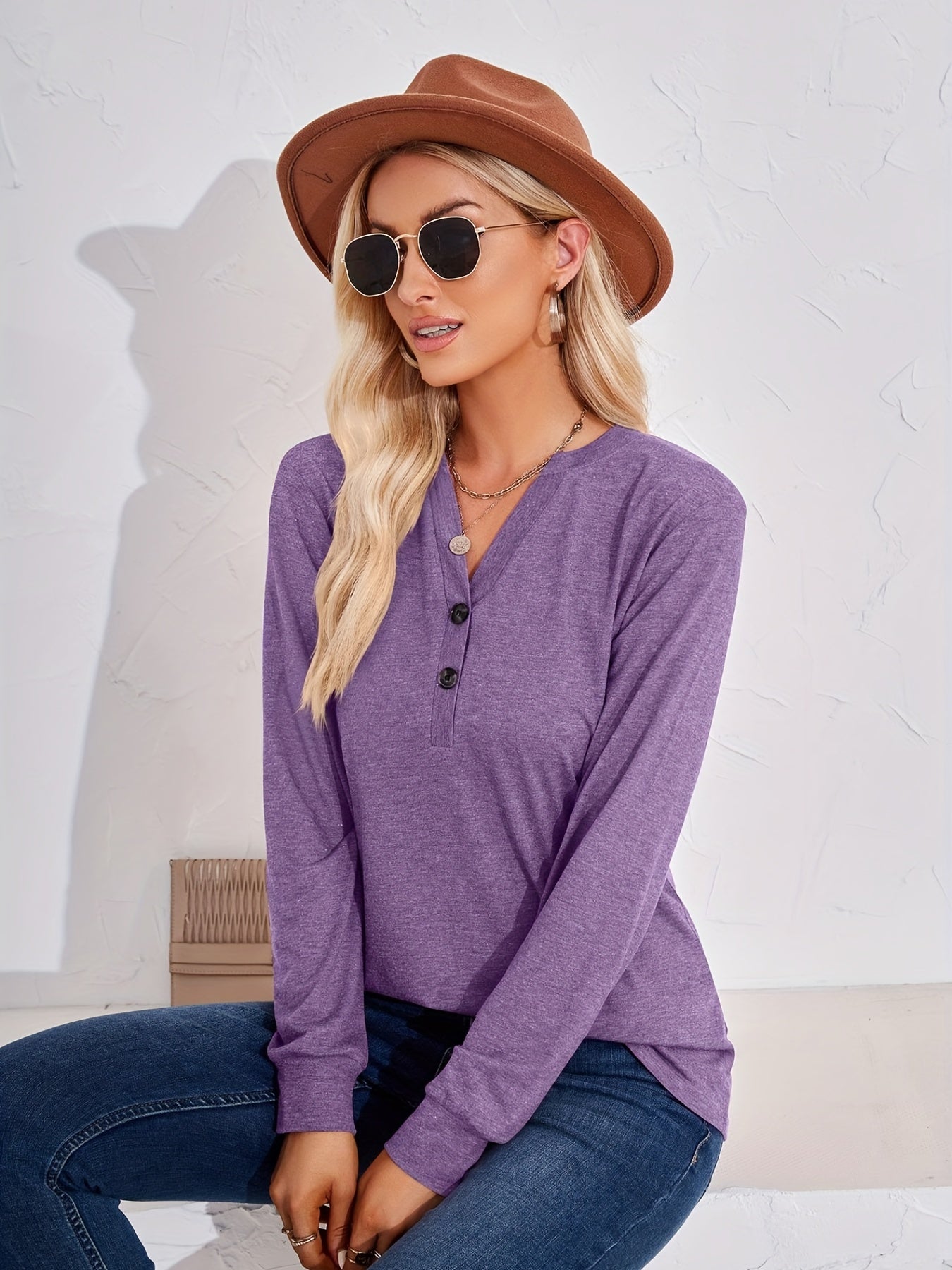 Solid Long Sleeve Button Decor Notched Neck Slight Stretch Tee