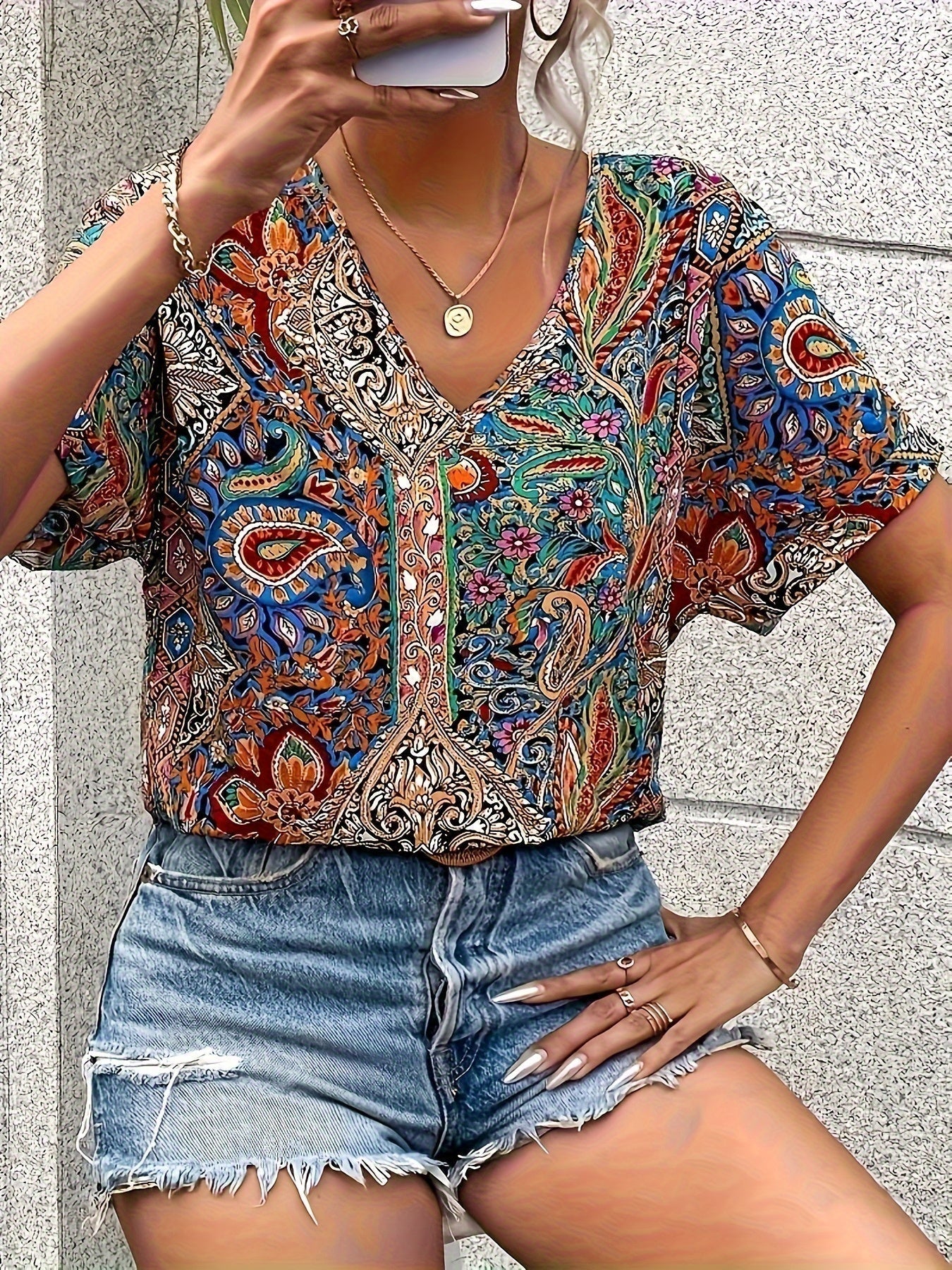 Paisley Print V Neck Blouse, Casual Short Sleeve Blouse