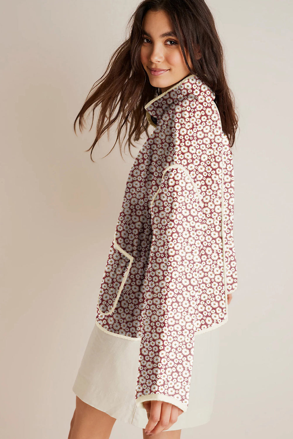 Pink Floral Print Contrast Edge Stand Neck Coat