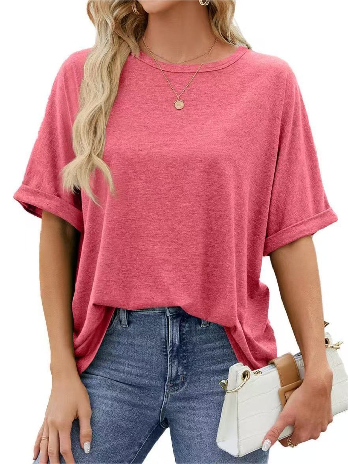 Casual Short Sleeve Crewneck Solid Color Loose T-Shirt