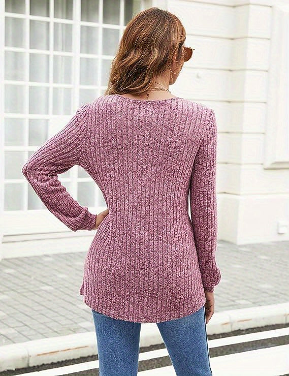 Ribbed Knit V Neck Sweater, Casual Long Sleeve Sweater