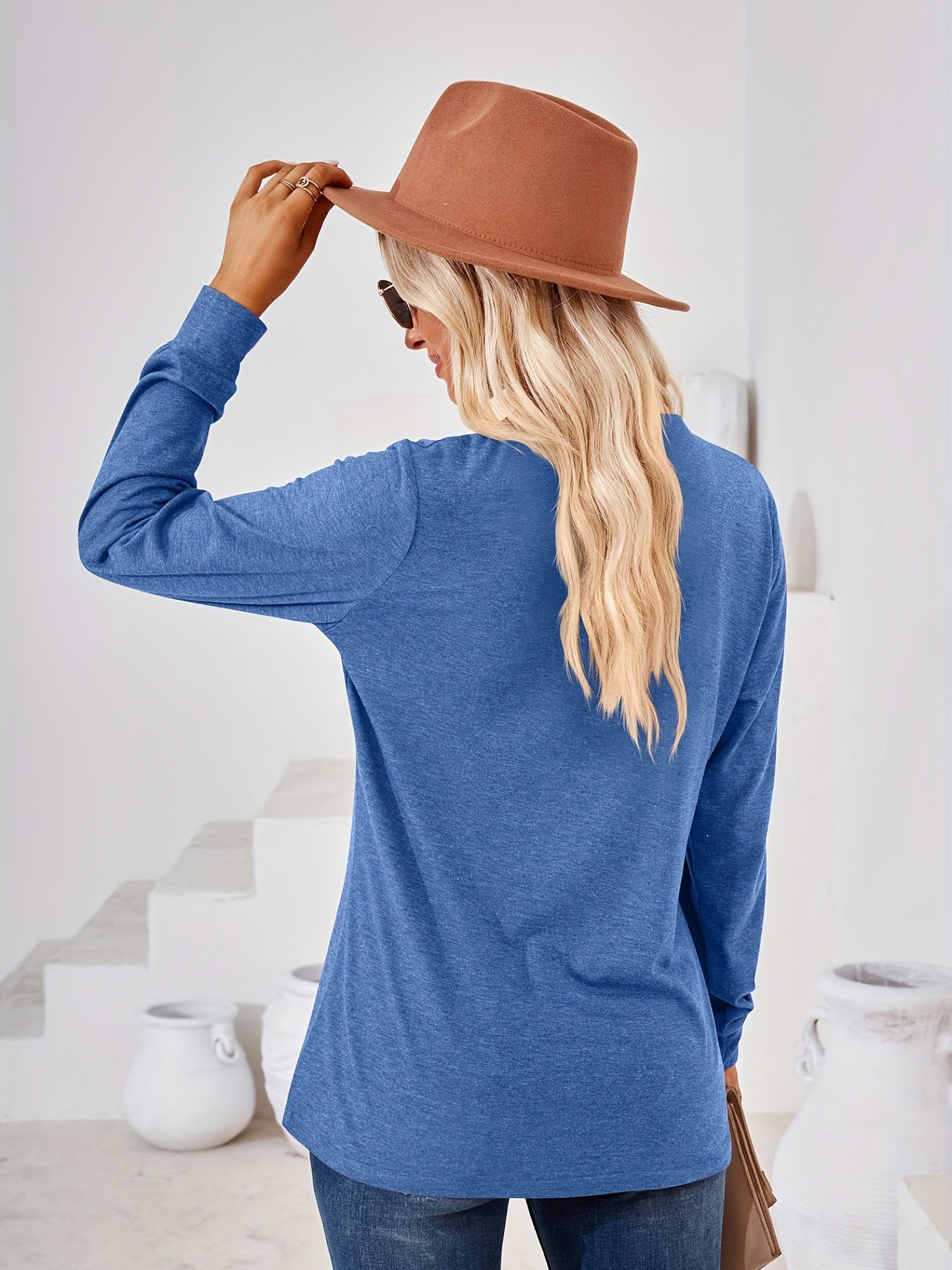 Solid Long Sleeve Button Decor Notched Neck Slight Stretch Tee