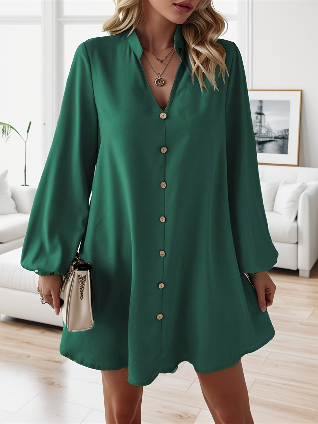 Solid Color V Neck Dress, Casual Long Sleeve Loose Fit Dress