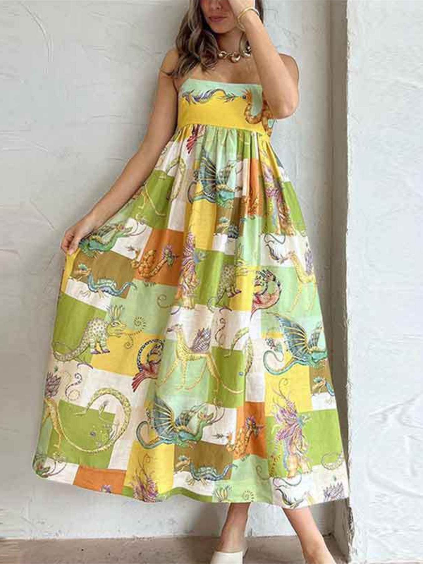 Cartoon Drawstring Print Shirred Cami Dress, Elegant Sleeveless Spaghetti Strap Dress