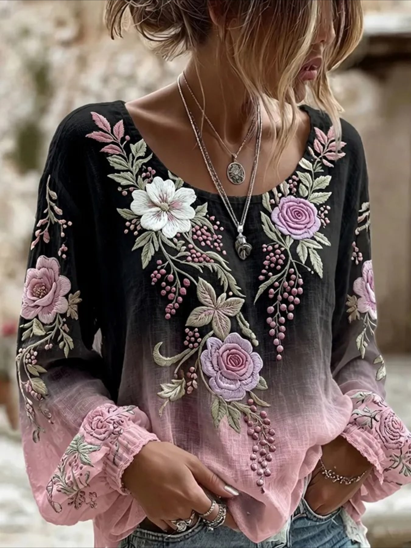 Daisy Floral Crew Neck Long Sleeve Blouse