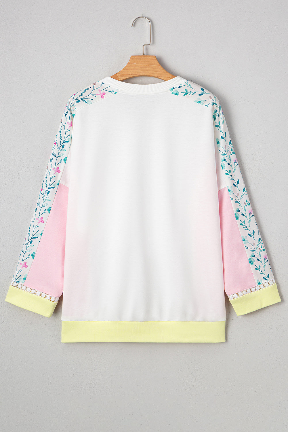 White Floral Colorblock Patchwork Chest Pocket Notched Neck Long Sleeve Top