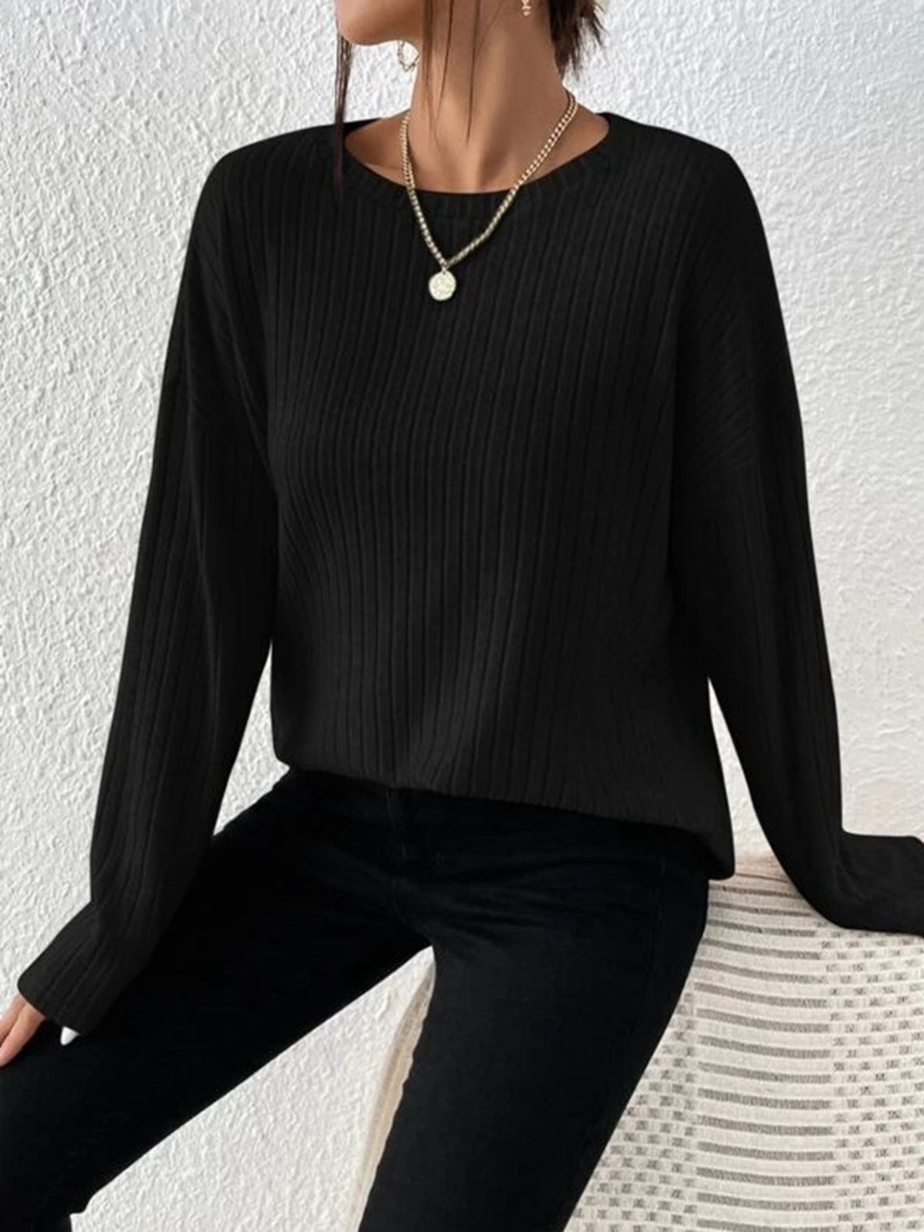 Ribbed Crew Neck T-Shirt, Casual Long Sleeve Top
