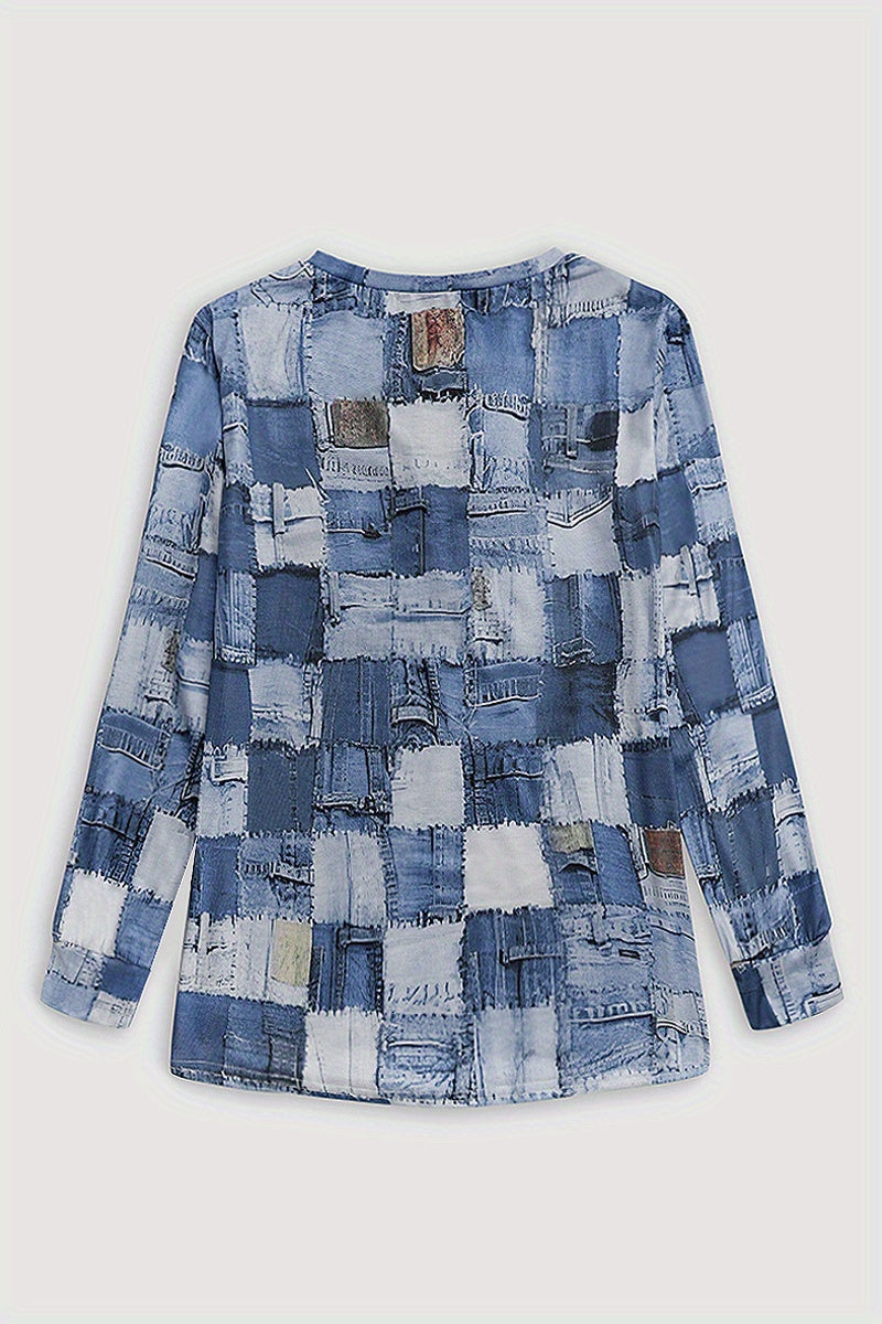 Patchwork Zipper T-shirt, Casual Crew Neck Long Sleeve Summer T-shirt