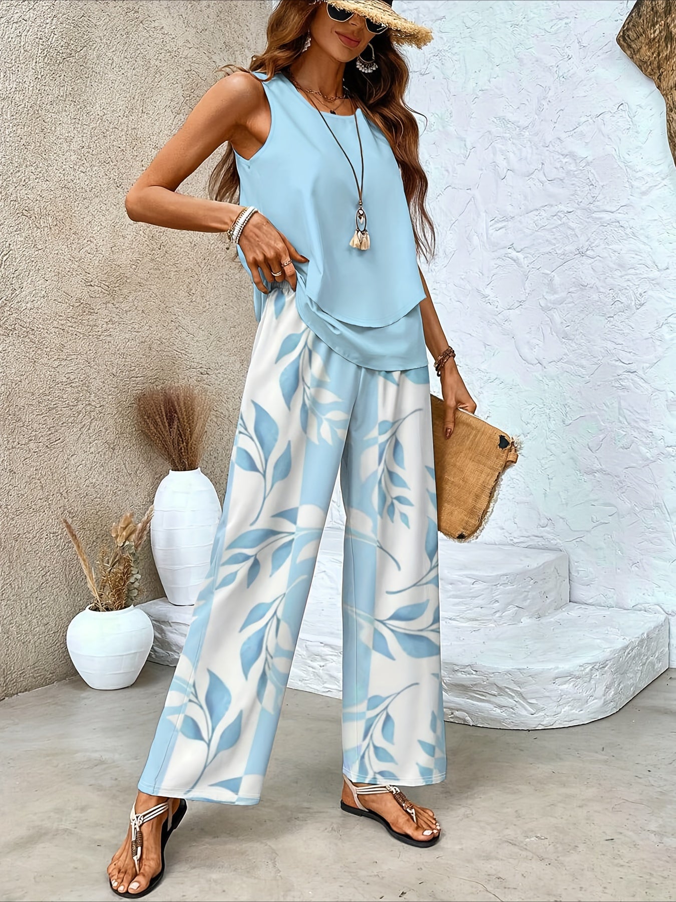 Crew Neck Sleeveless Layered Tank Top & Wide Leg Pants