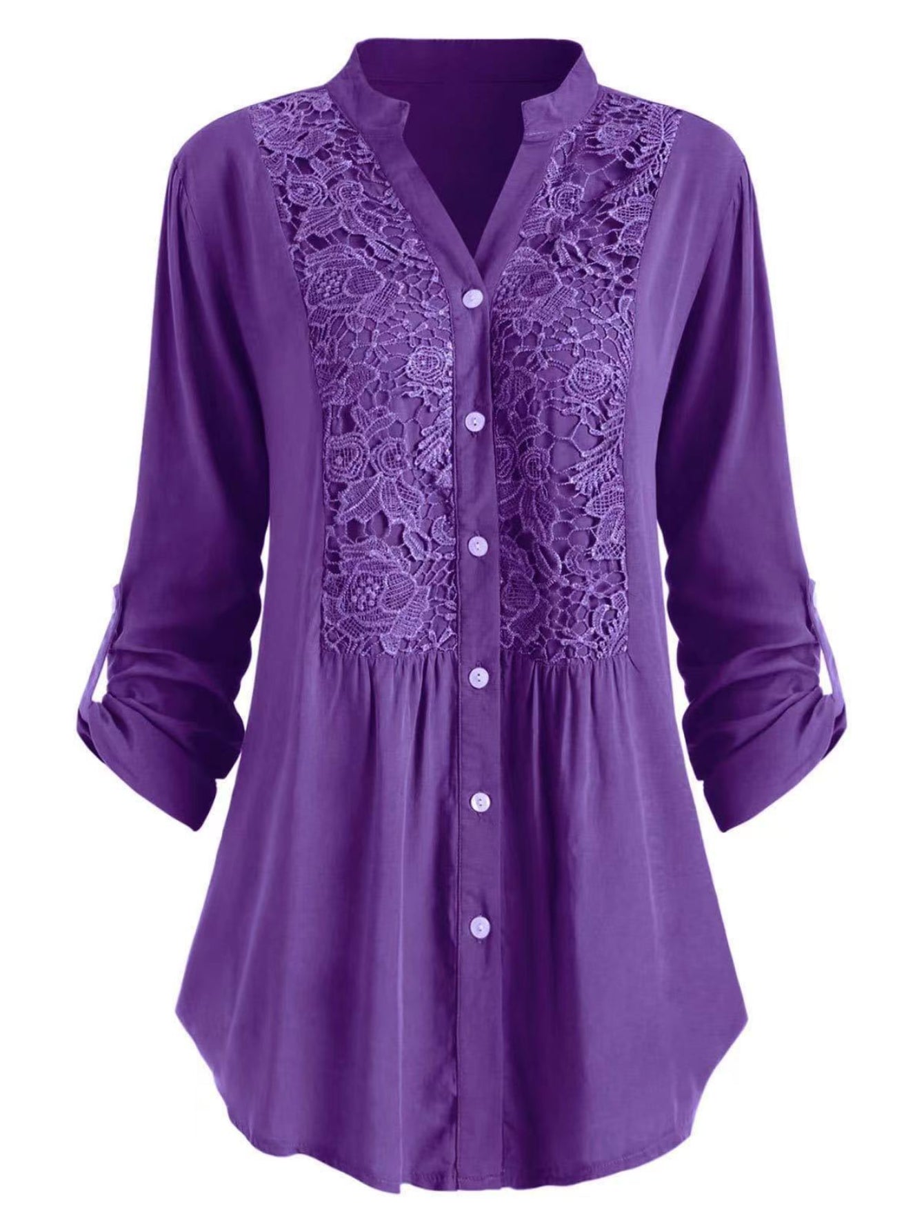 Vintage Lace Splicing Button Front Blouse - Half Sleeve Notched Neck Top