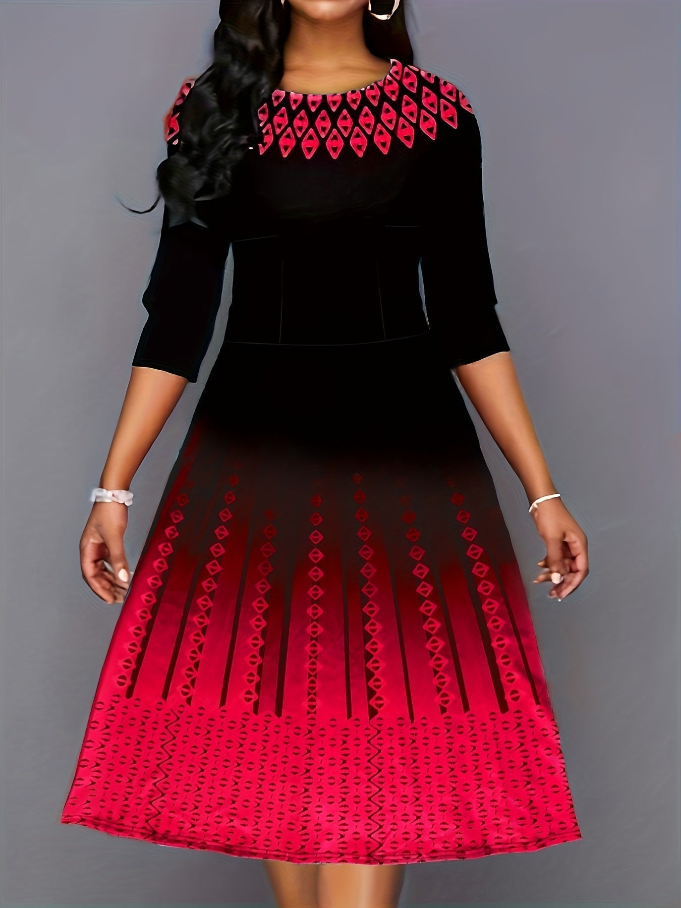 Argyle Print Color Block Dress, Casual Crew Neck Half Sleeve Midi Dress