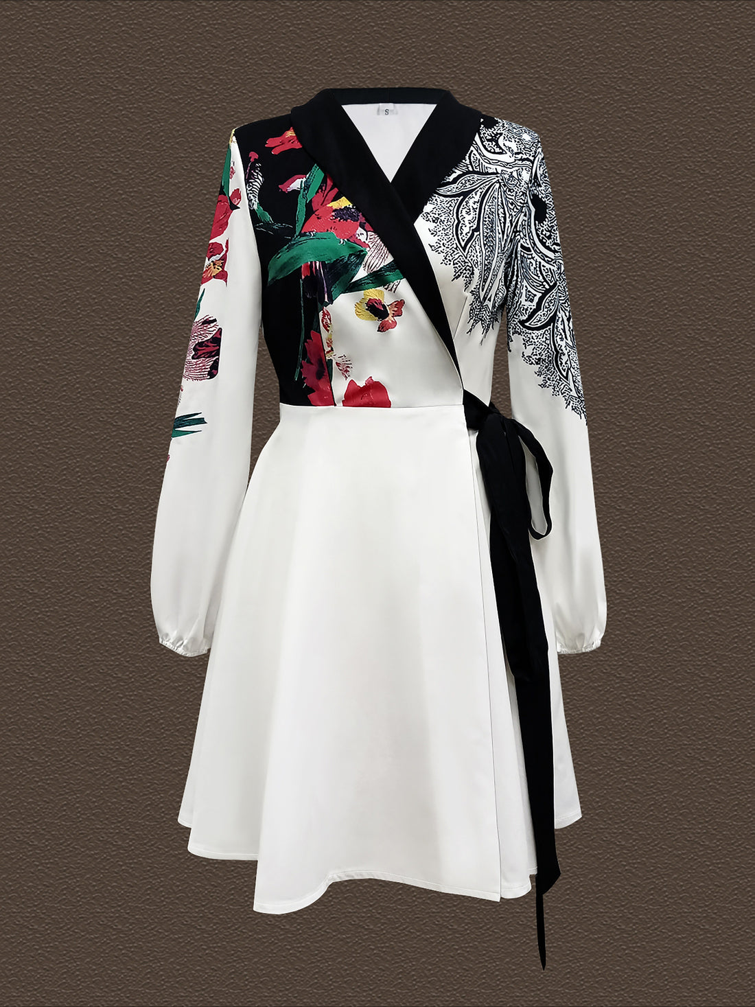 Belted Floral Print Dress, Elegant Temperament Long Sleeve Dress