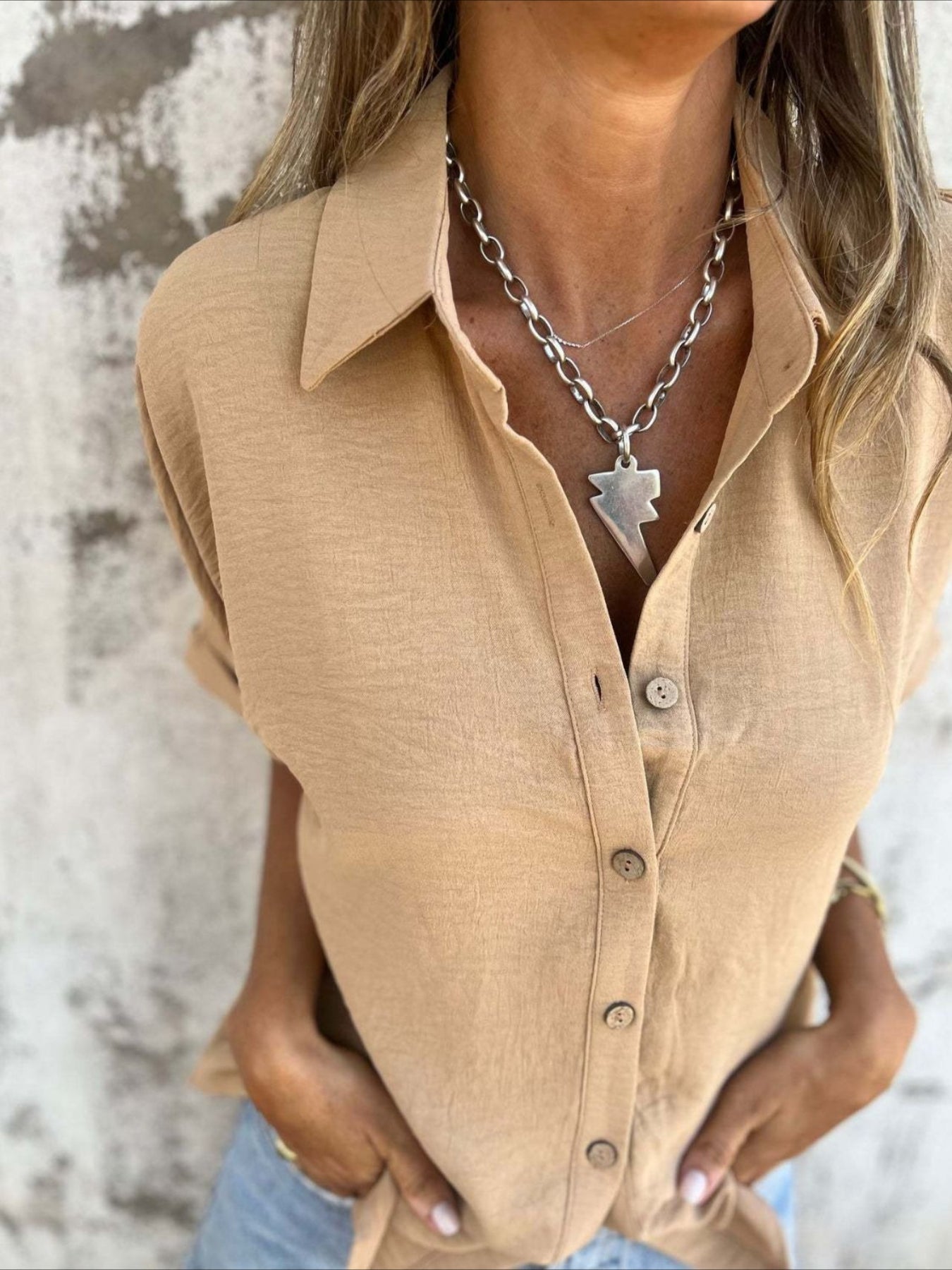 Casual Button Collared Short Sleeve Tunic Tops with Pocket