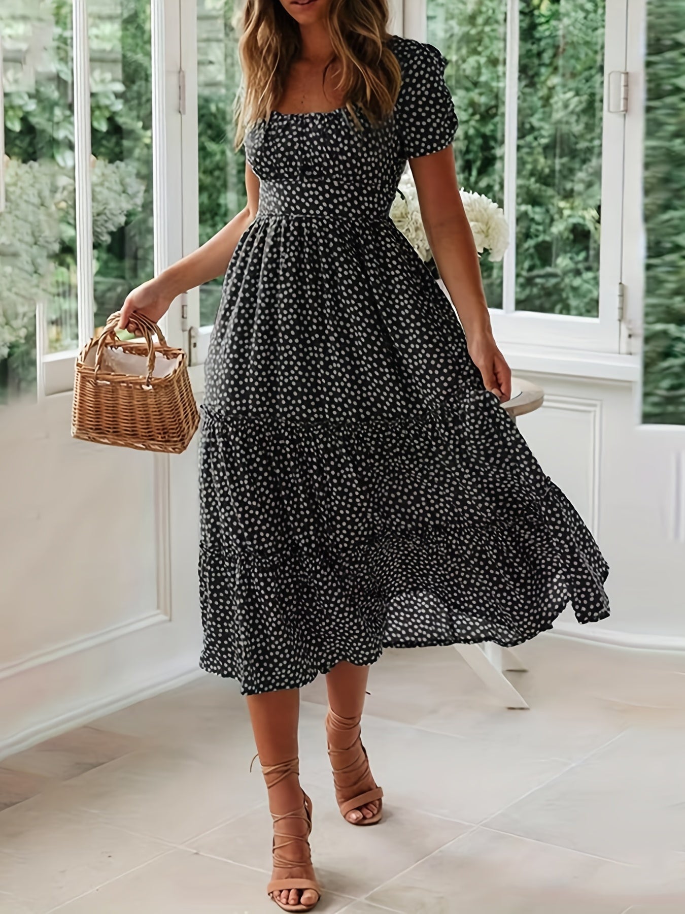 Polka Dot Ruffle Hem Dress, Casual Square Neck Short Sleeve Dress