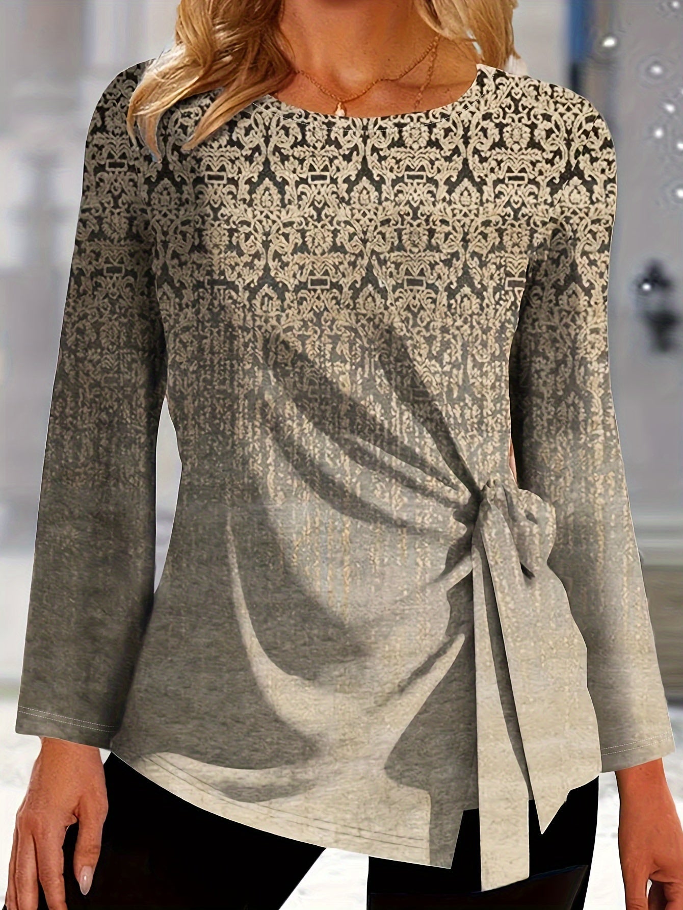All Over Print Tie Front T-Shirt, Casual Long Sleeve Top