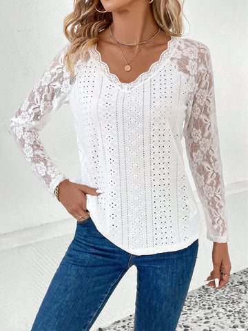 Contrast Lace V-neck Eyelet T-Shirt, Elegant Long Sleeve T-Shirt