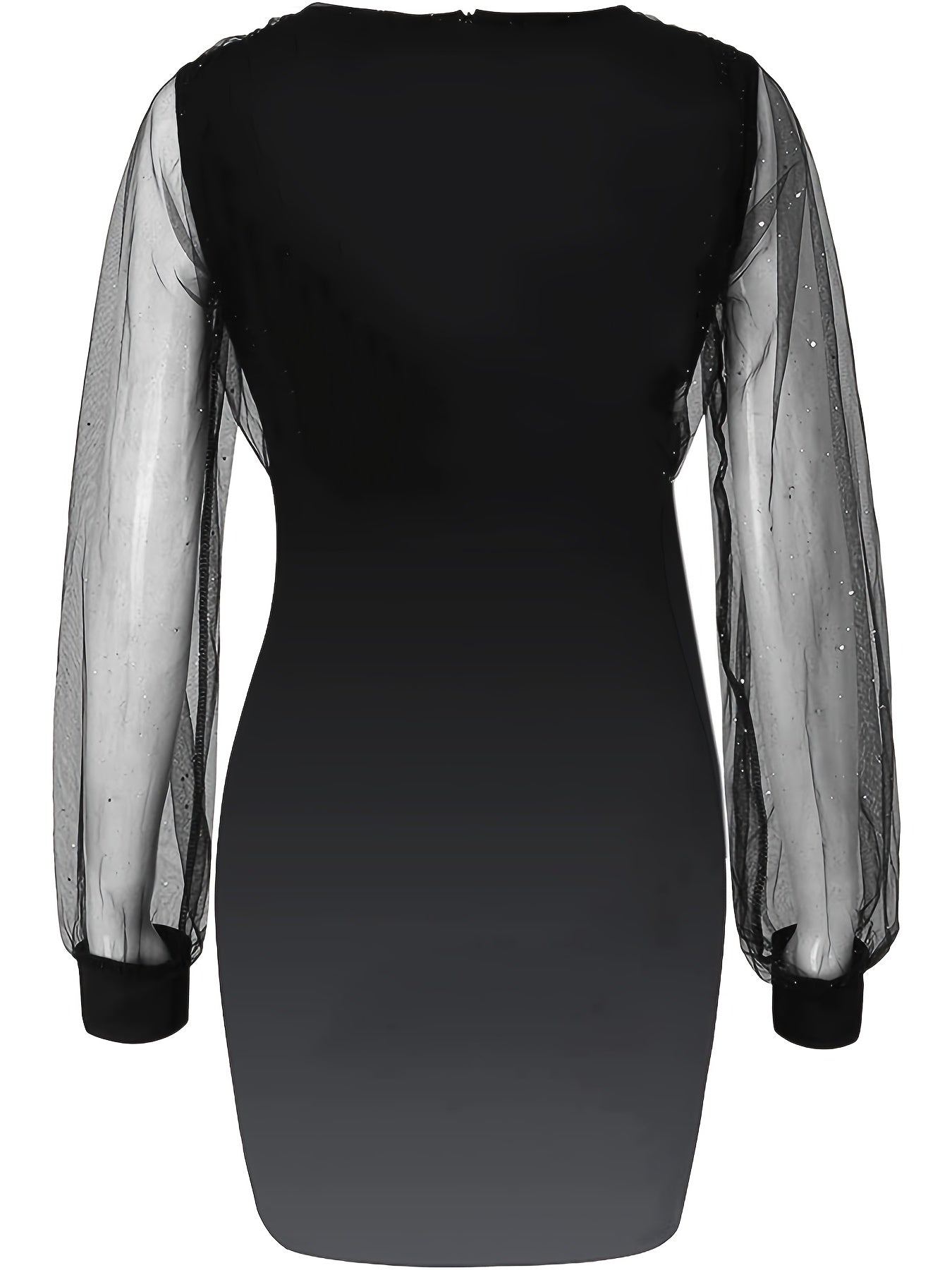 Solid Rhinestone V Neck Stitching Lace Dress, Casual Long Sleeve Loose Stylish Mini Dress