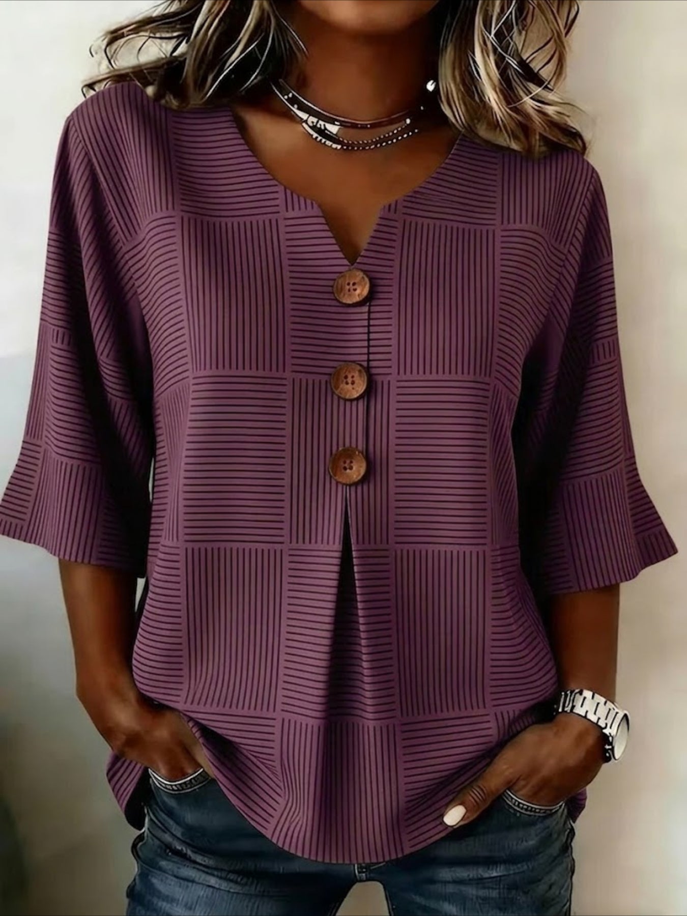 Striped V Neck Button Short Ruffle Sleeve Casual Top