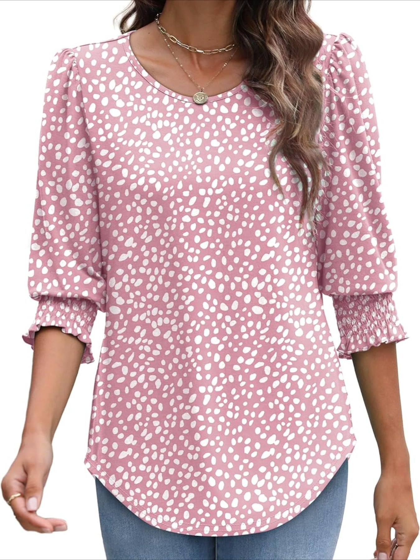 Casual 3/4 Length Sleeve Blouses with Smocked Cuffs