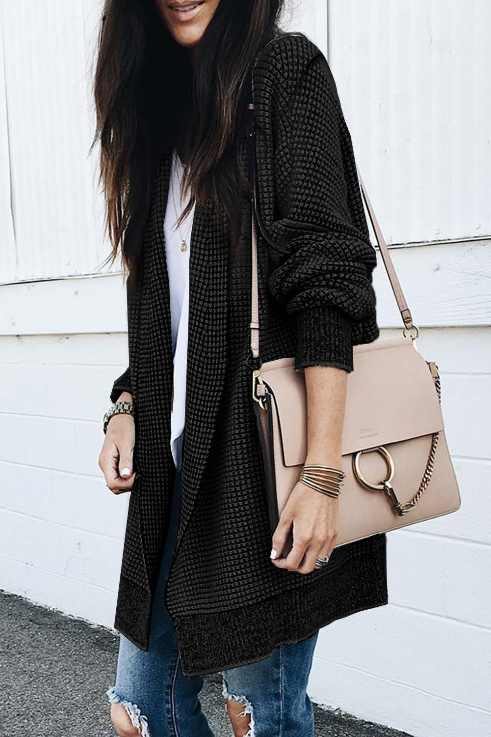 Black Plaid Knitted Long Open Front Cardigan