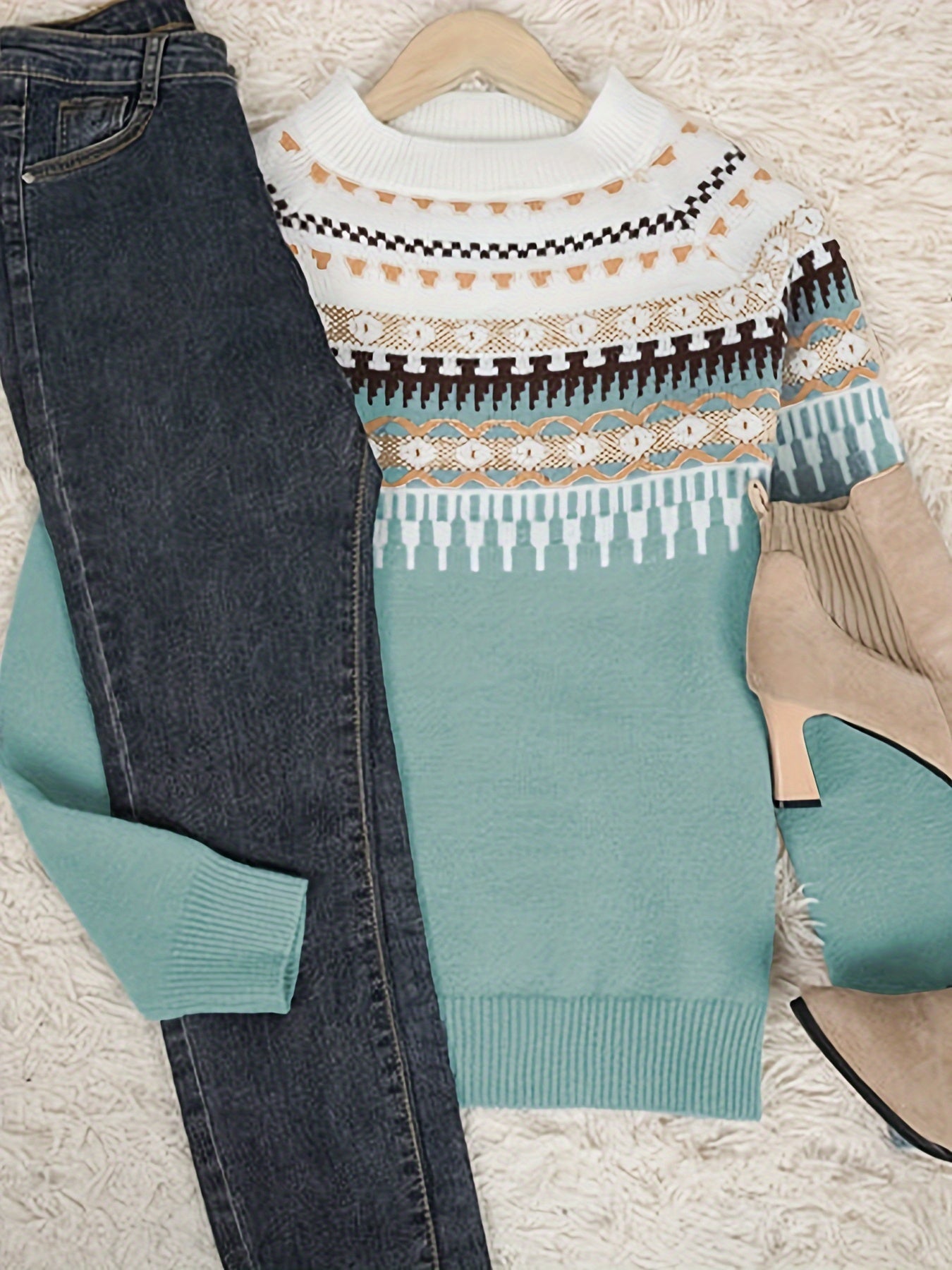 Cozy Chic Knit  Crew Neck Long Sleeve Pullover with Ethnic Pattern Sweater