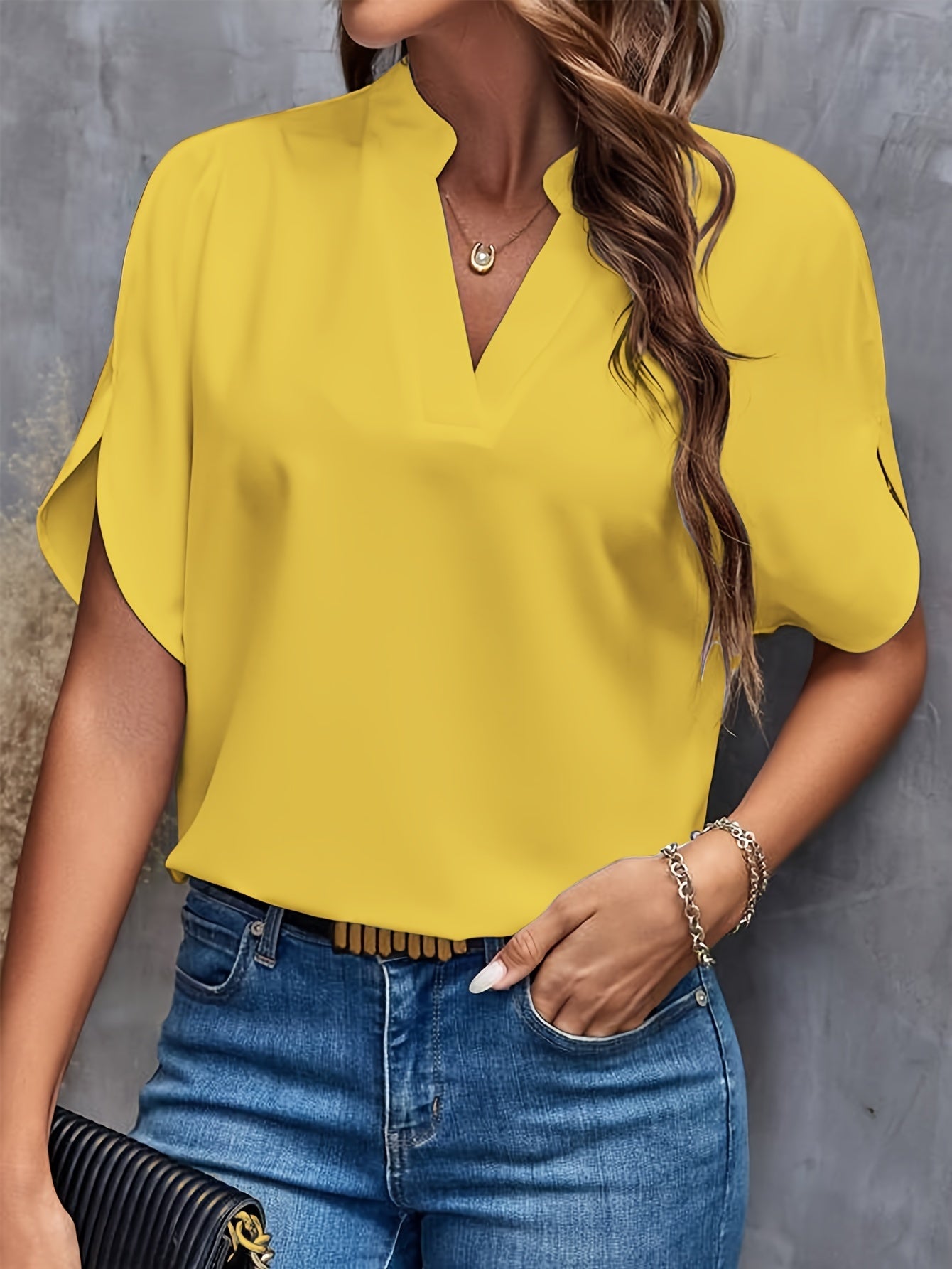 Women's Casual Notch Neck Blouse with Split Sleeves