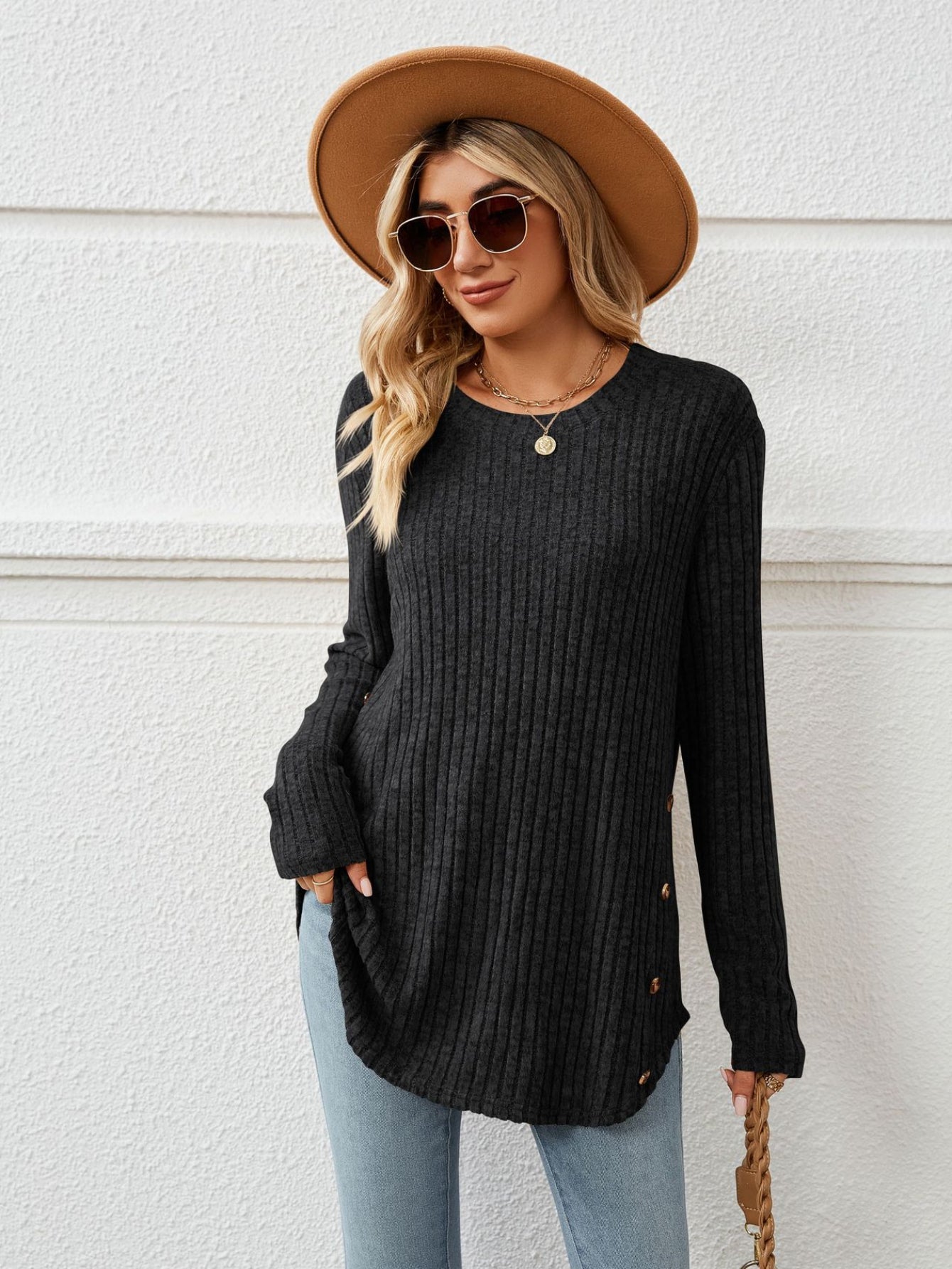 Solid Crew Neck Rib Knit Top, Casual Button Long Sleeve Loose Sweater
