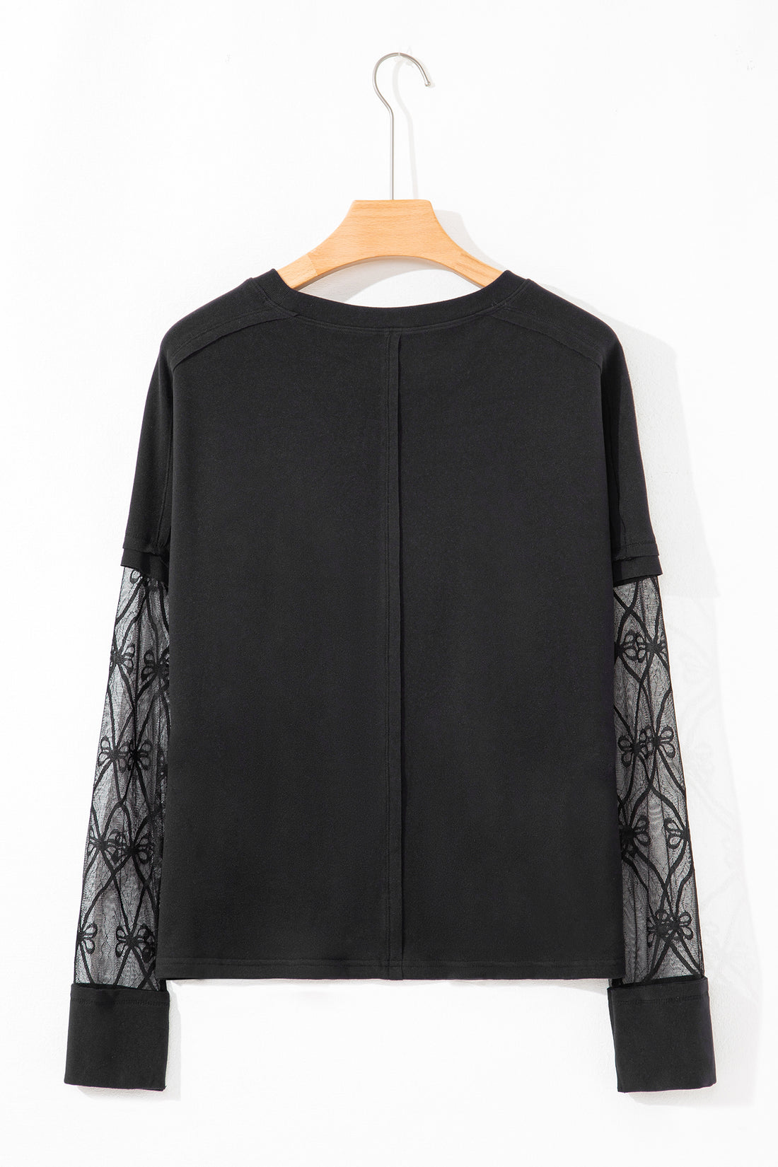 Black Solid Color Bow Textured Patchwork Long Sleeve Tee