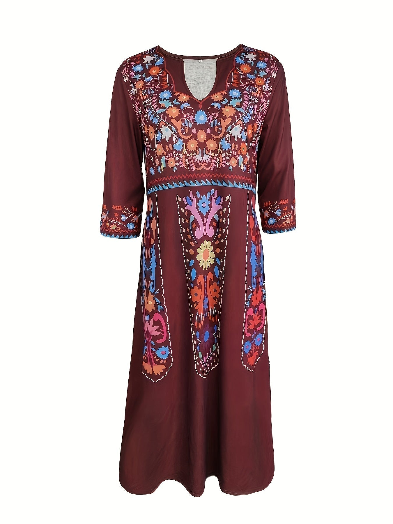 Ethnic Print Dual Pockets Dress, Casual Half Sleeve V-neck Dress
