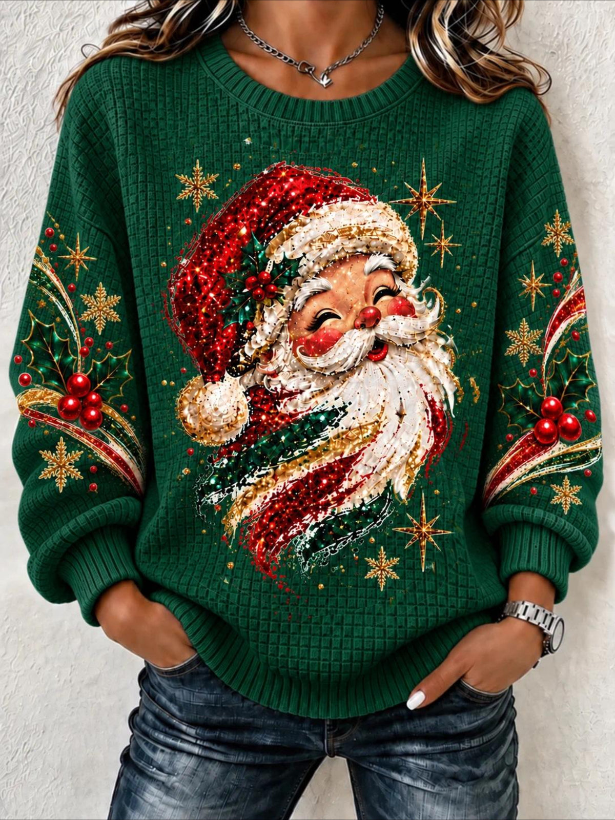 Vintage Santa Claus Print Waffle Knit Christmas Sweatshirt