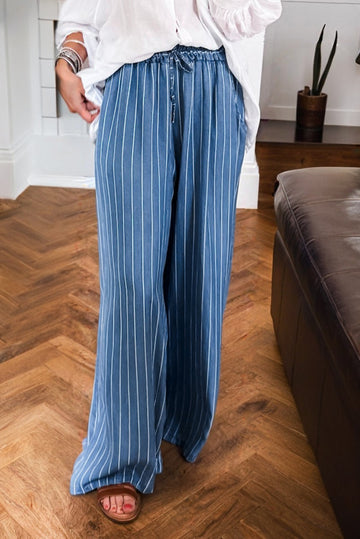 Blue Stripe Chambray Wide Leg Tied Elastic Waist Trousers