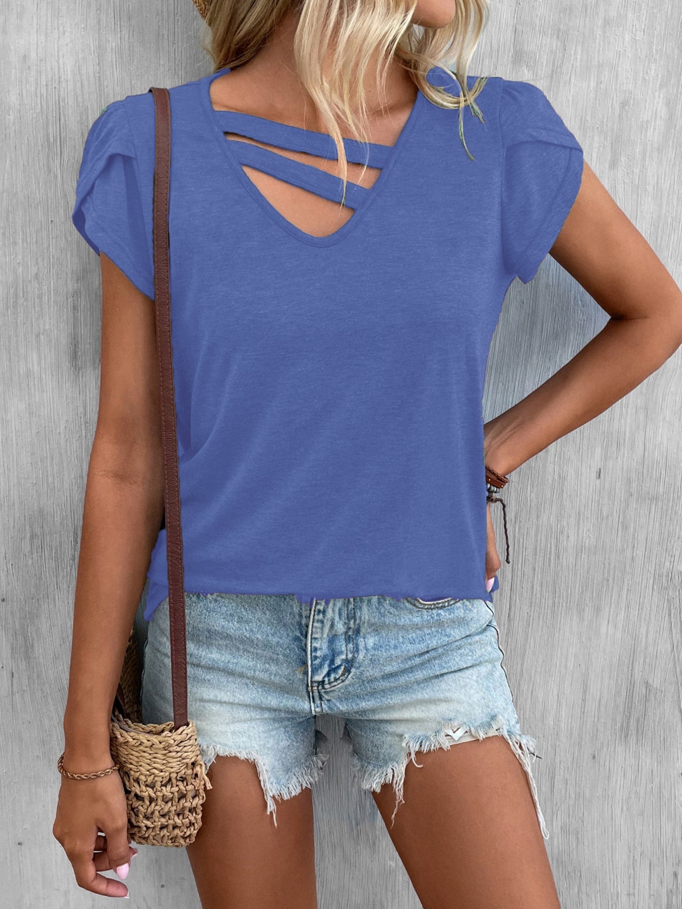 Petal Sleeve Loose T-Shirt, Short Sleeve Casual Top