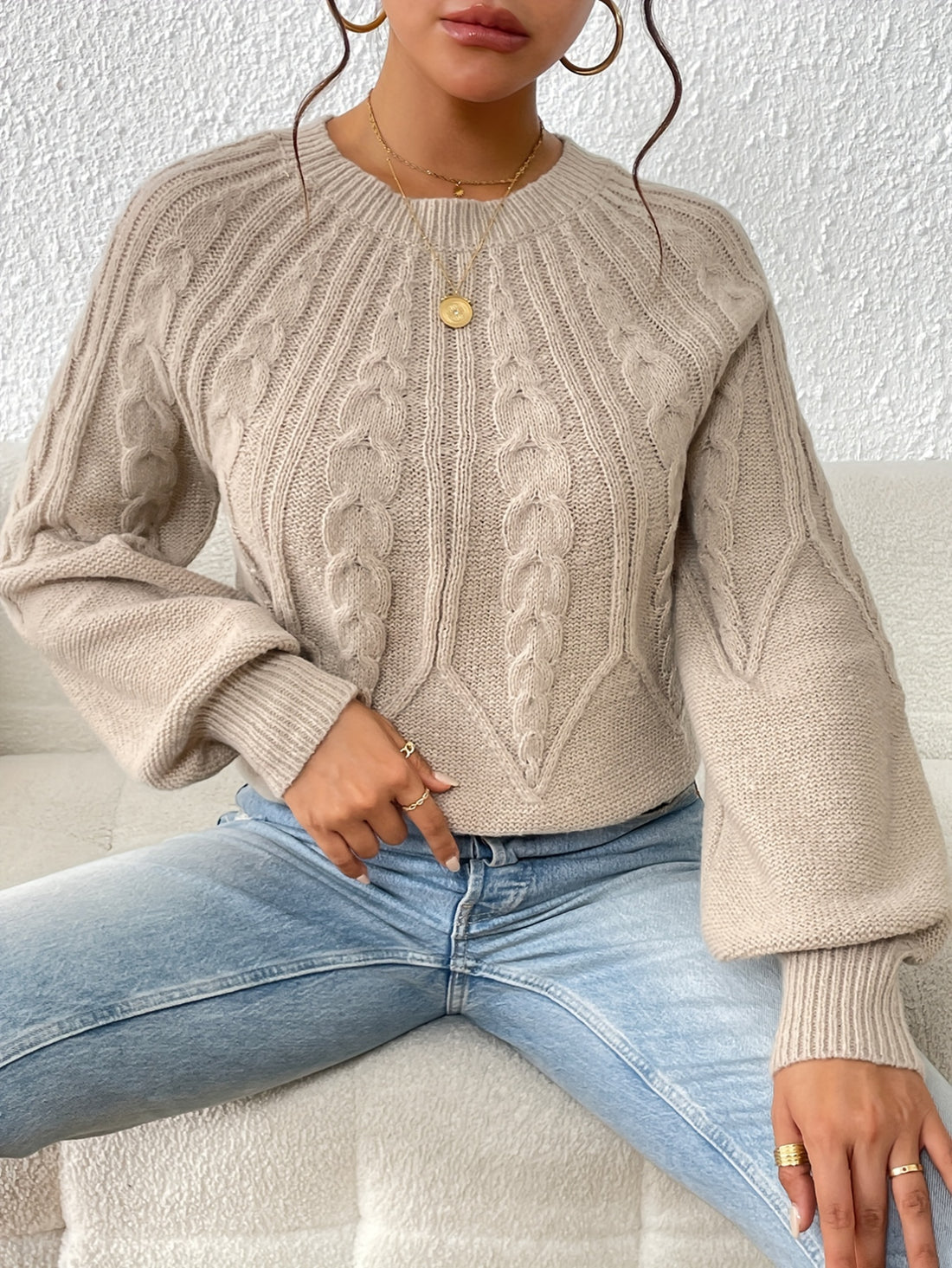 Casual Pullover Chic Knit Lantern Sleeves & Ruffle Detail Sweater