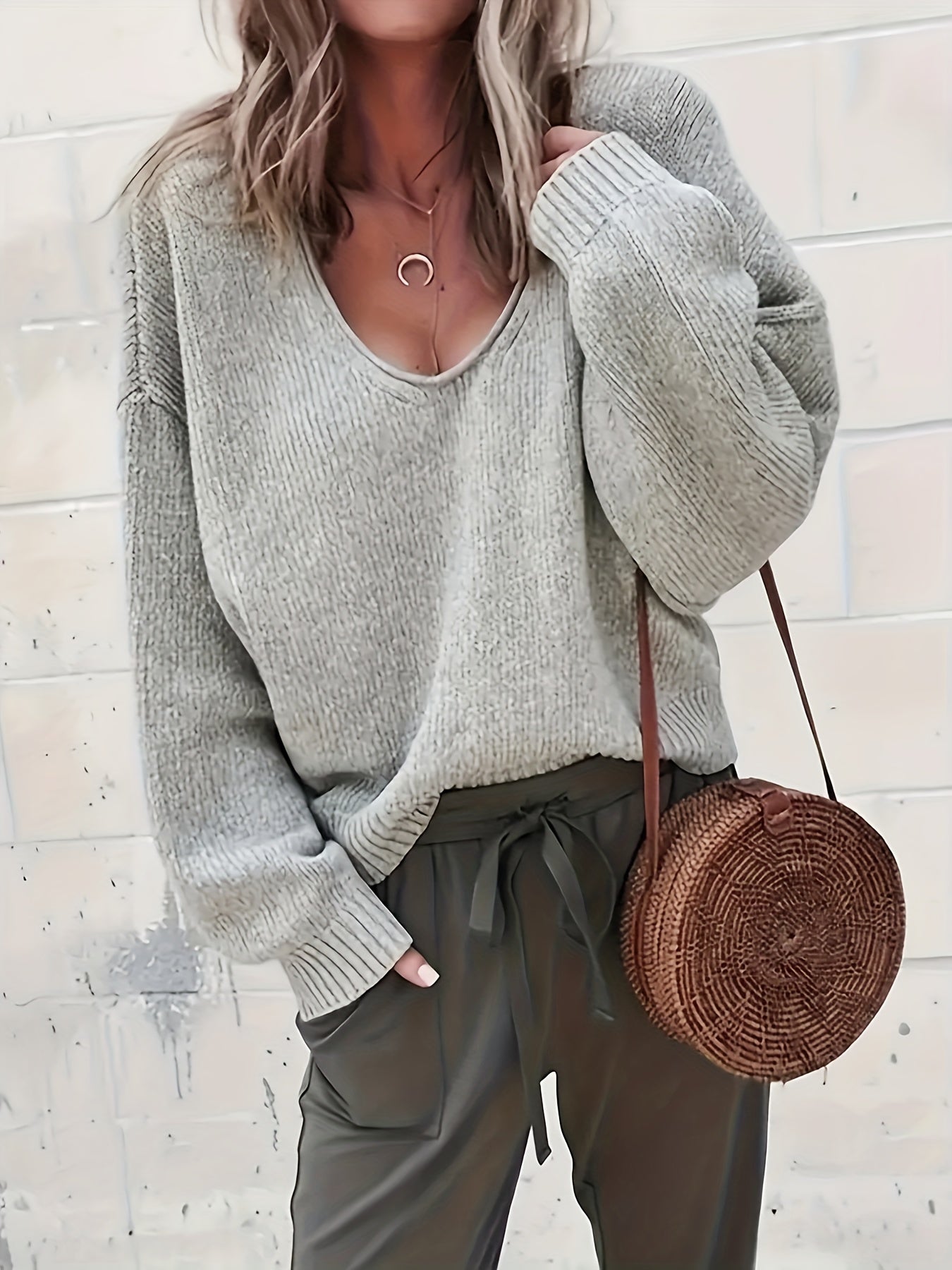 Solid Color V Neck Sweater, Casual Long Sleeve Sweater