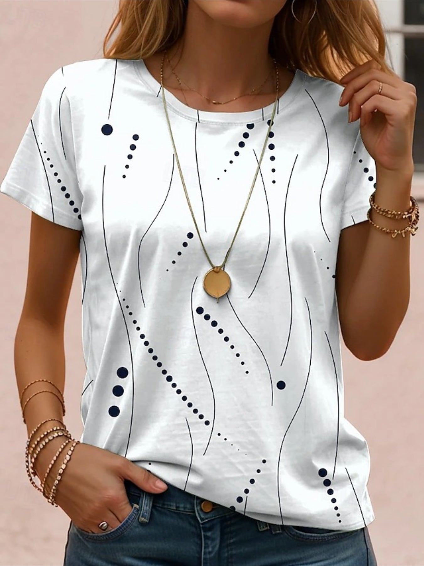Print Graphic Geometric Striped Vintage Stylish Classic Short Sleeve Crew Neck Regular Tops